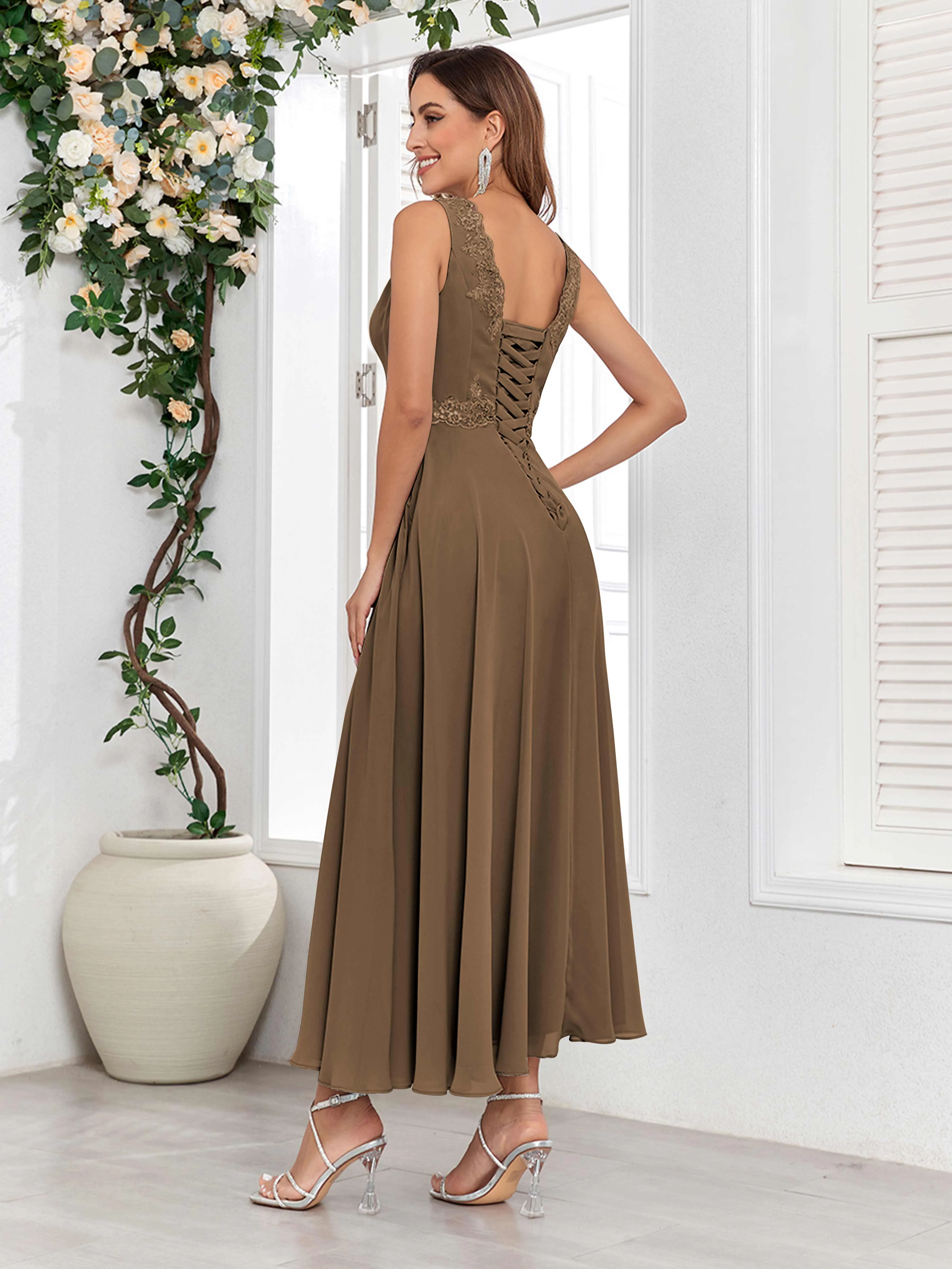 Aisha Enchanting V Neck Two Pieces Appliques Maxi Chiffon Mother Of The Bride Dresses
