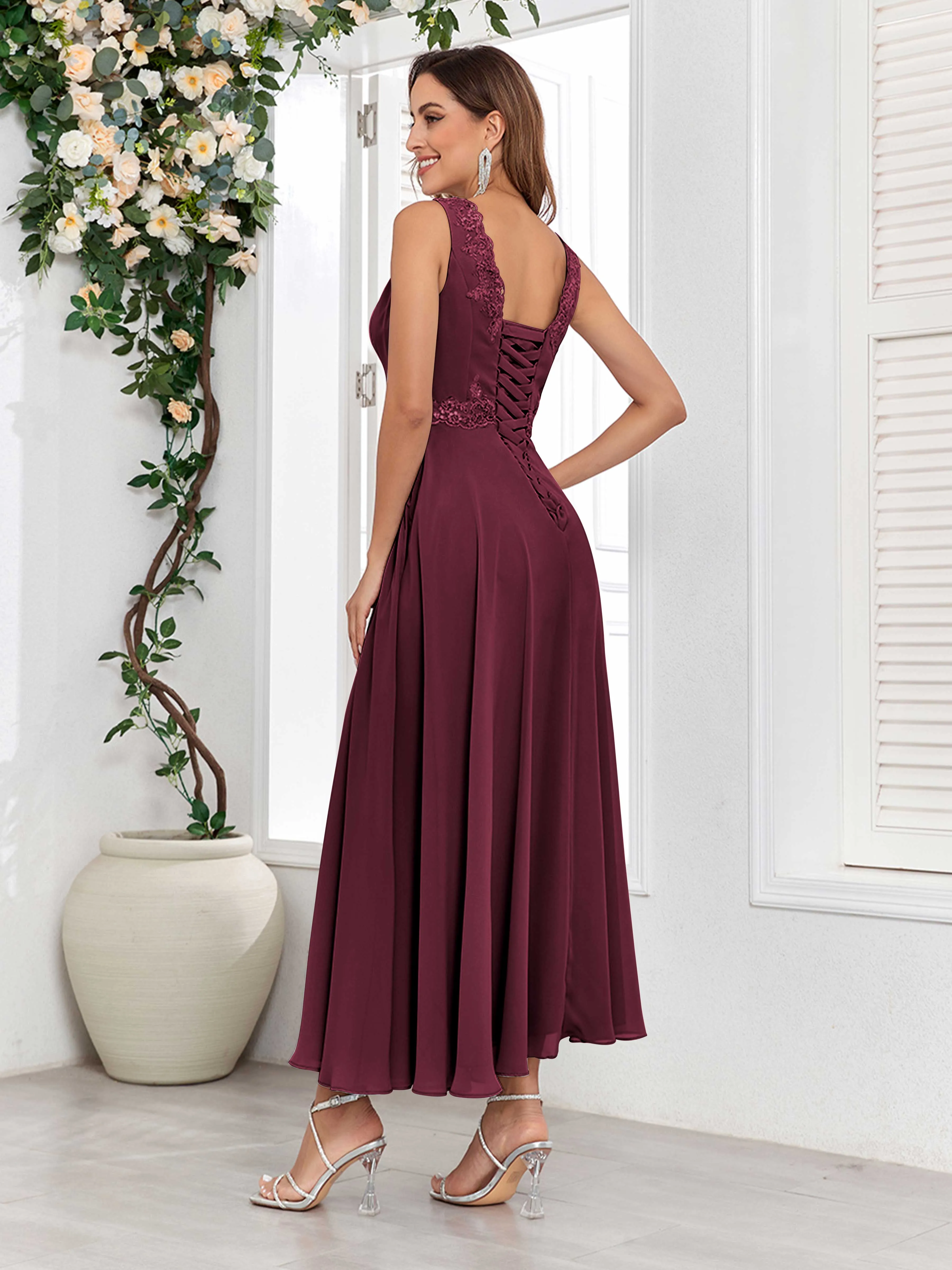 Aisha Enchanting V Neck Two Pieces Appliques Maxi Chiffon Mother Of The Bride Dresses
