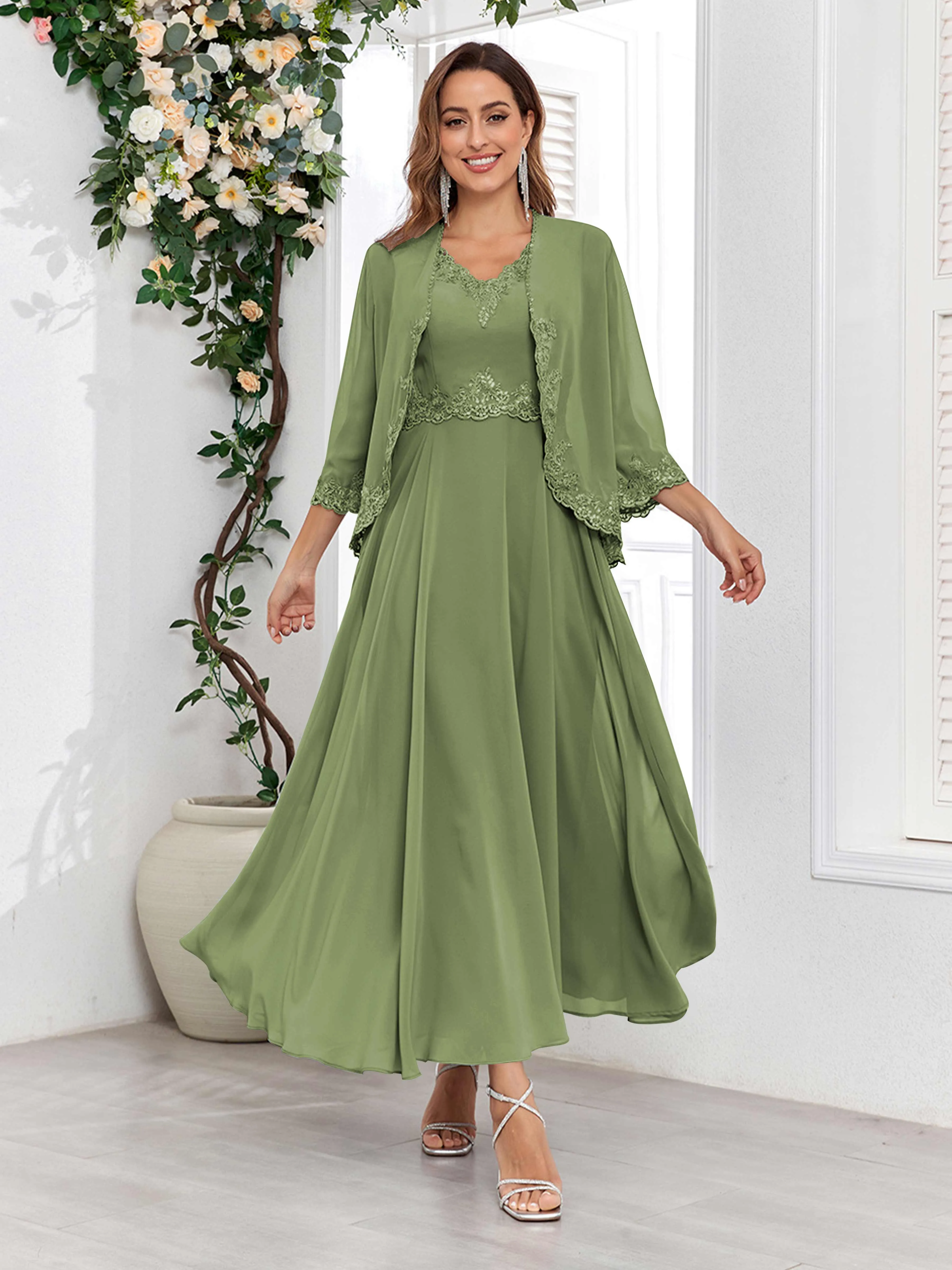 Aisha Enchanting V Neck Two Pieces Appliques Maxi Chiffon Mother Of The Bride Dresses