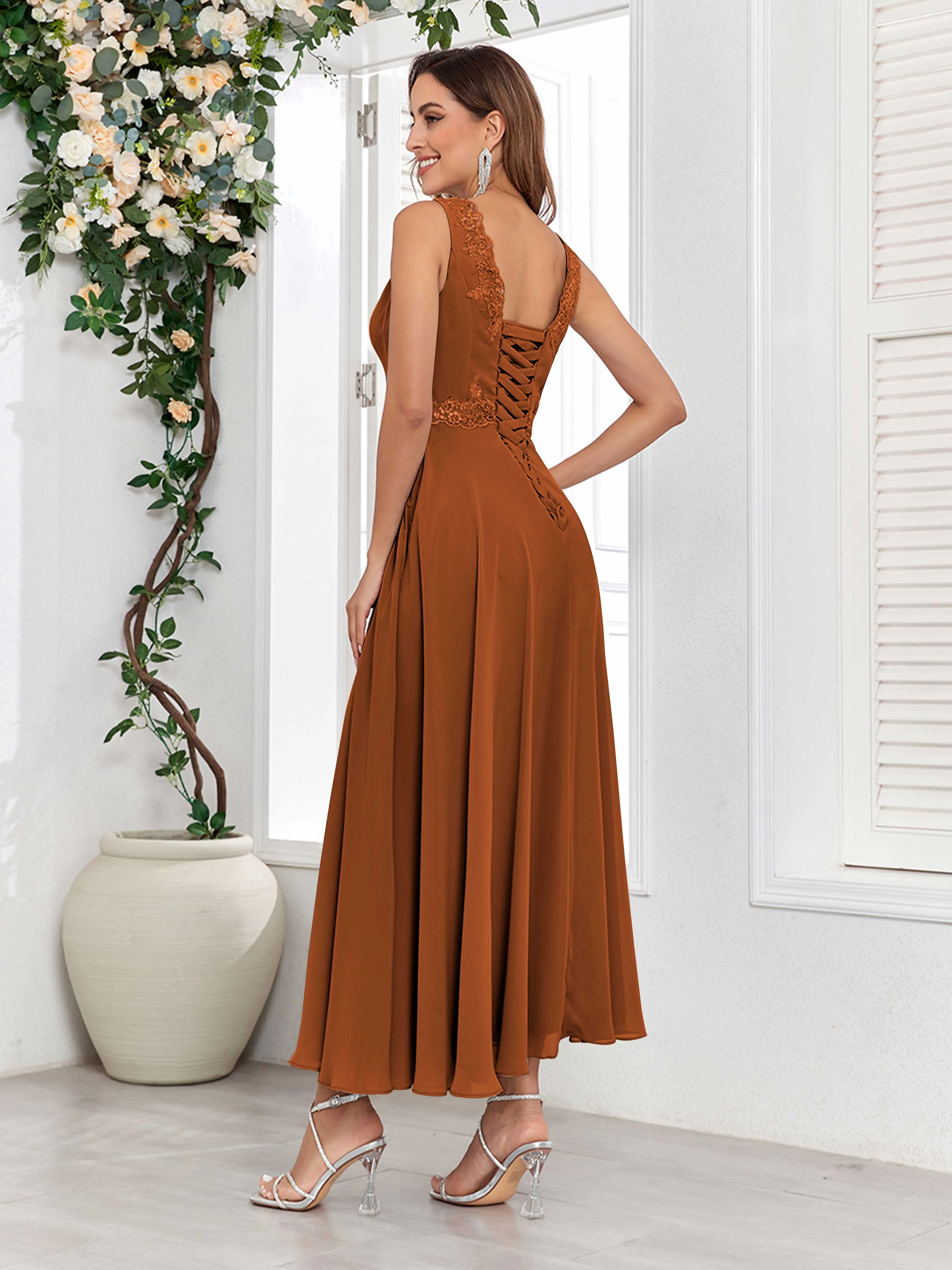 Aisha Enchanting V Neck Two Pieces Appliques Maxi Chiffon Mother Of The Bride Dresses