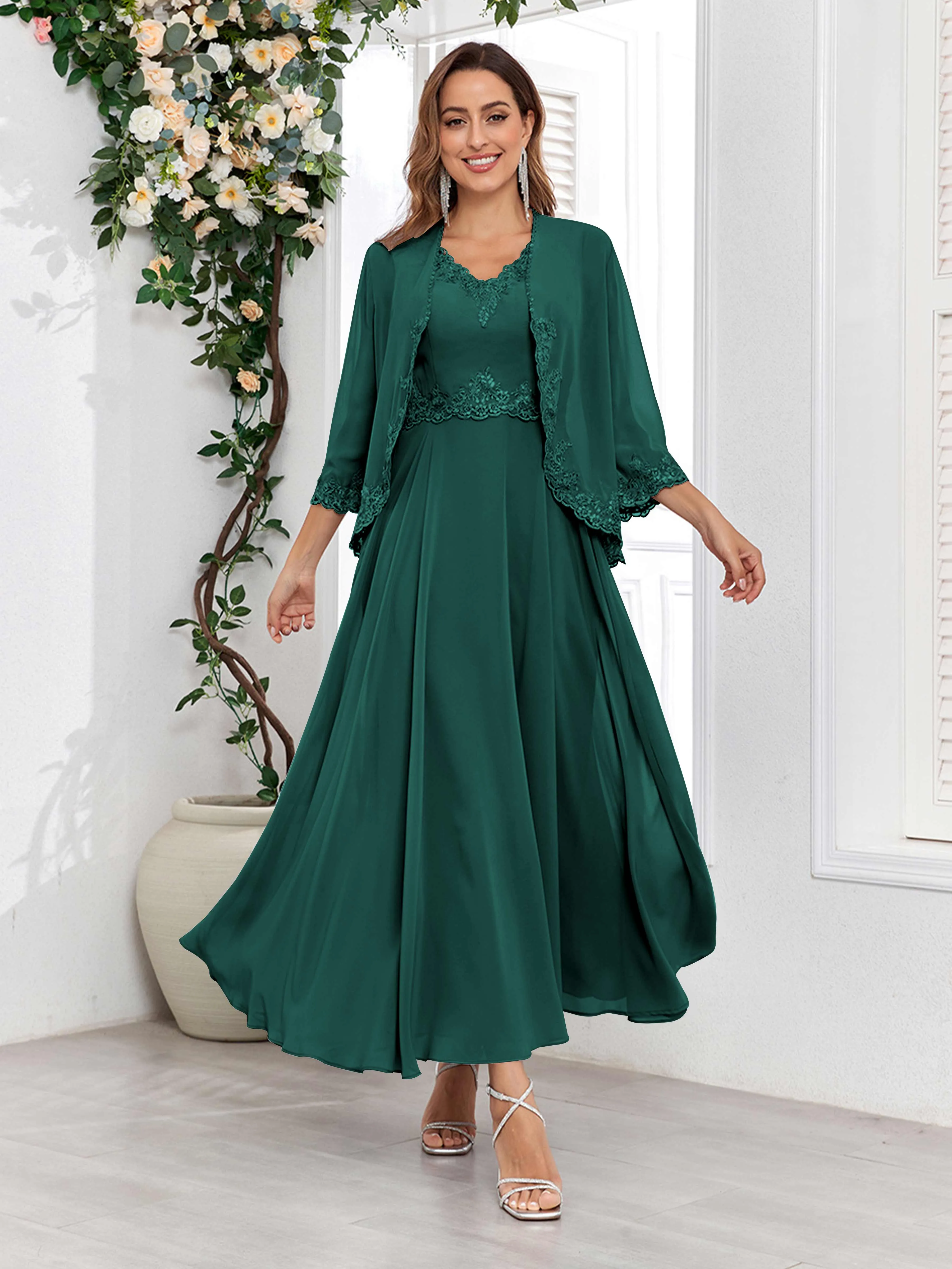 Aisha Enchanting V Neck Two Pieces Appliques Maxi Chiffon Mother Of The Bride Dresses