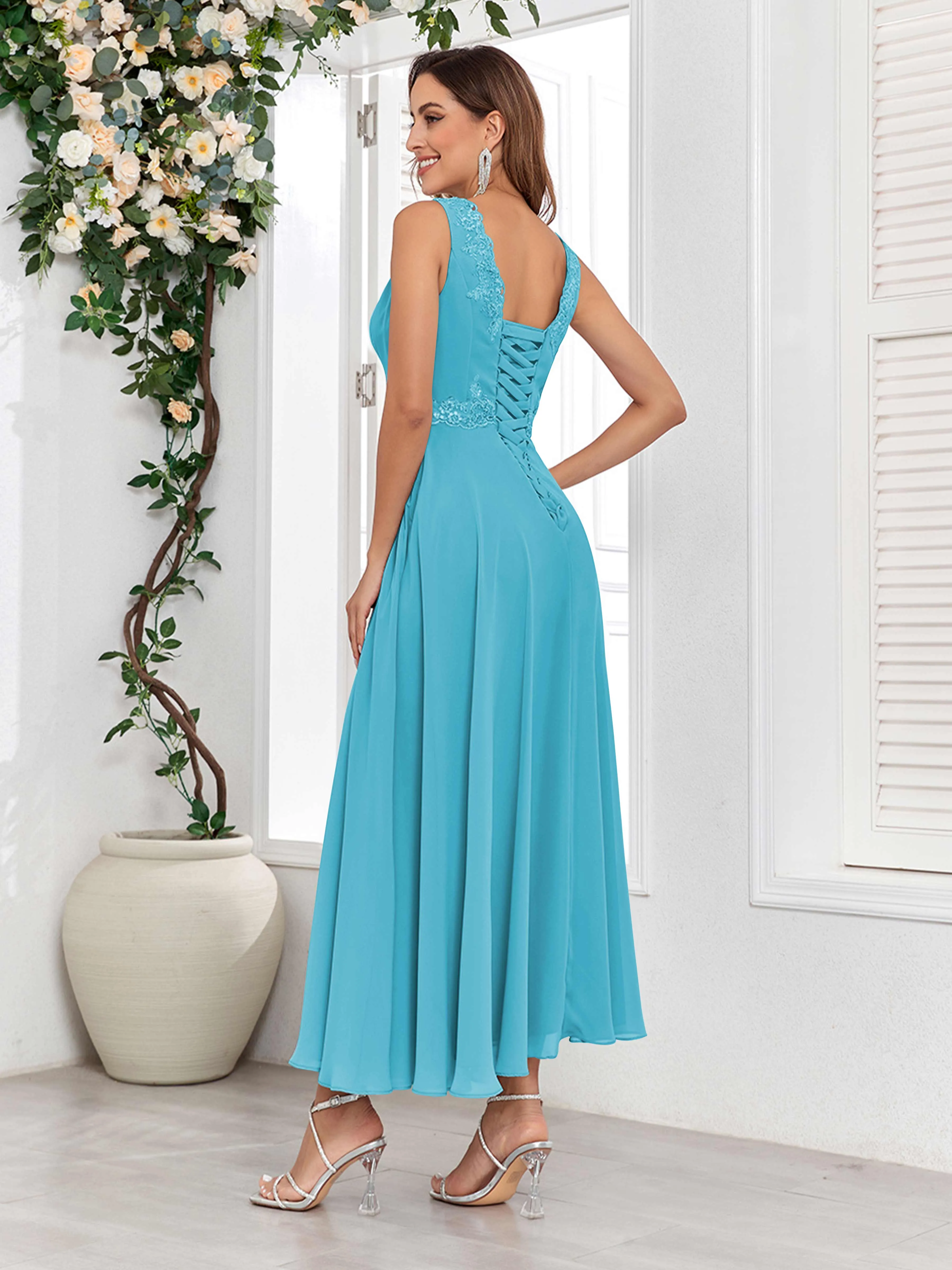 Aisha Enchanting V Neck Two Pieces Appliques Maxi Chiffon Mother Of The Bride Dresses