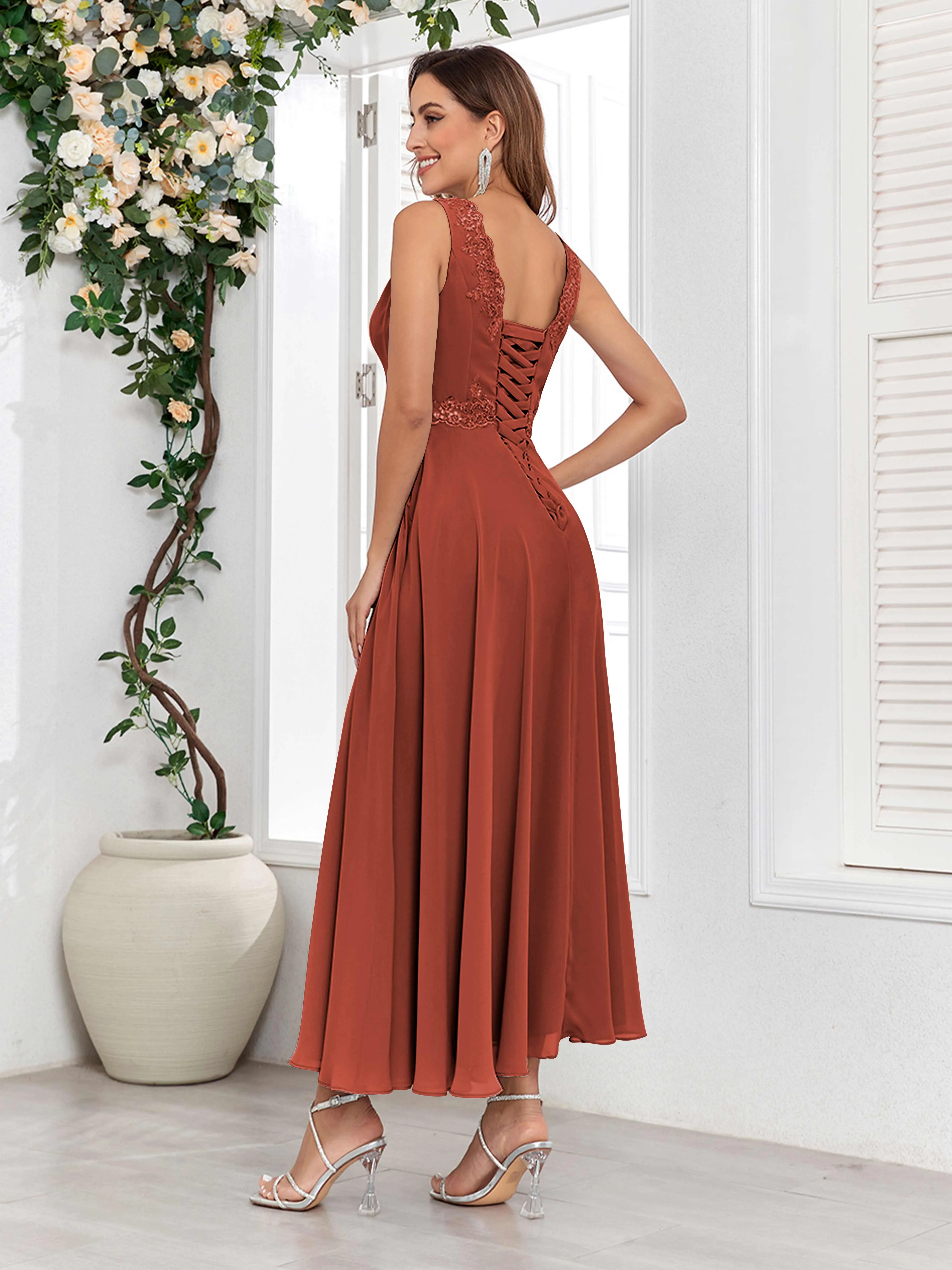 Aisha Enchanting V Neck Two Pieces Appliques Maxi Chiffon Mother Of The Bride Dresses