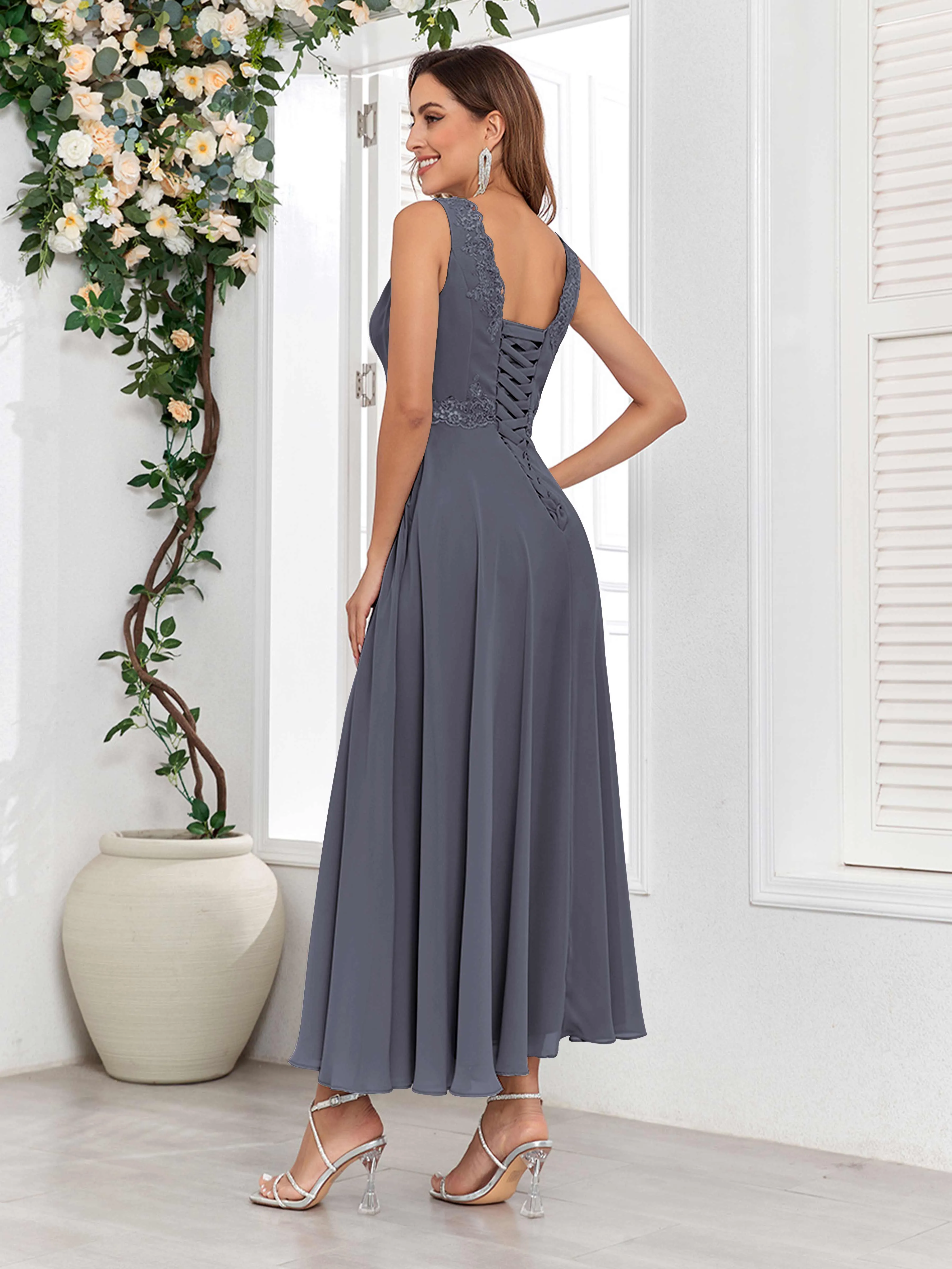 Aisha Enchanting V Neck Two Pieces Appliques Maxi Chiffon Mother Of The Bride Dresses