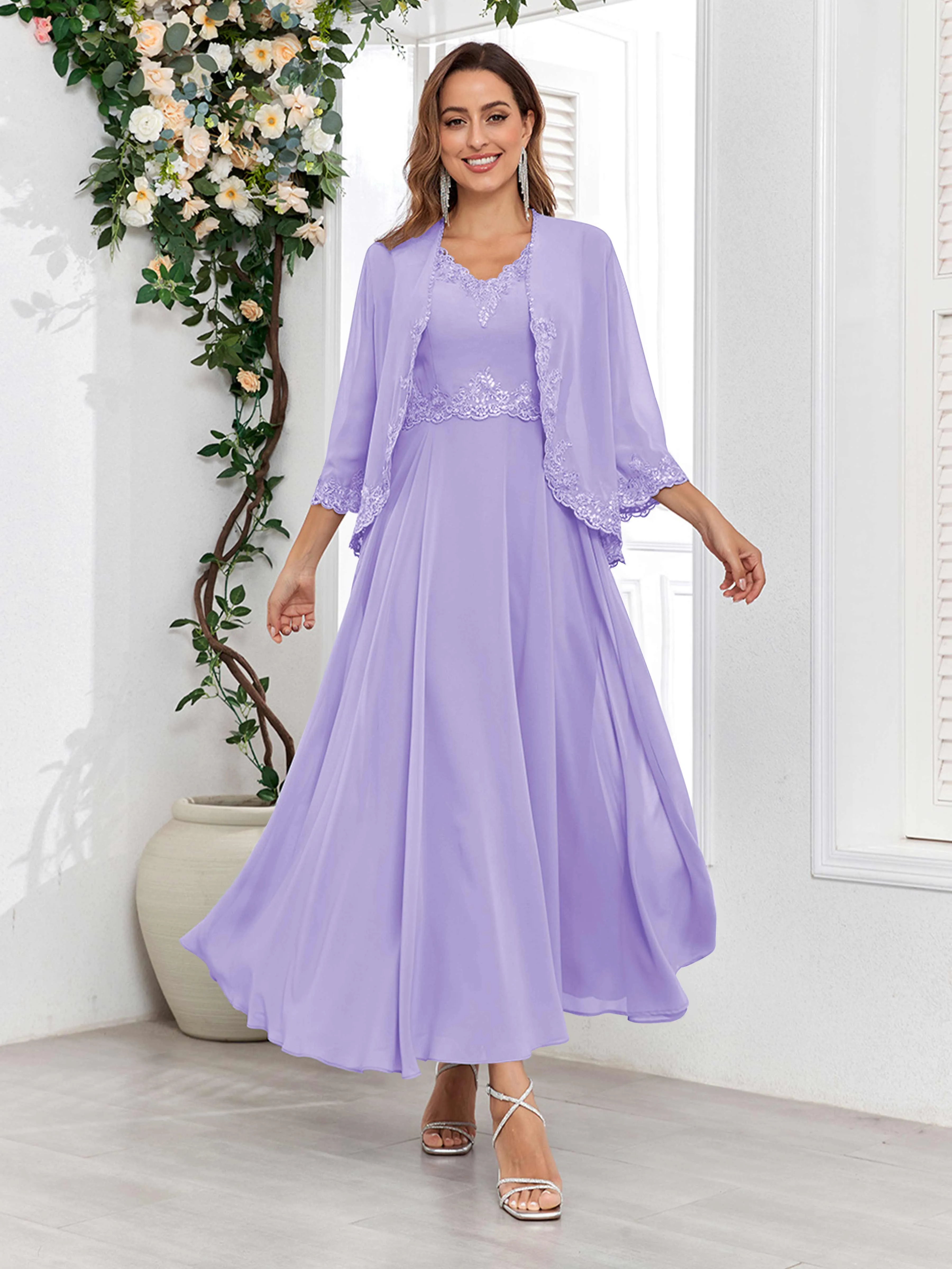 Aisha Enchanting V Neck Two Pieces Appliques Maxi Chiffon Mother Of The Bride Dresses