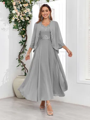 Aisha Enchanting V Neck Two Pieces Appliques Maxi Chiffon Mother Of The Bride Dresses