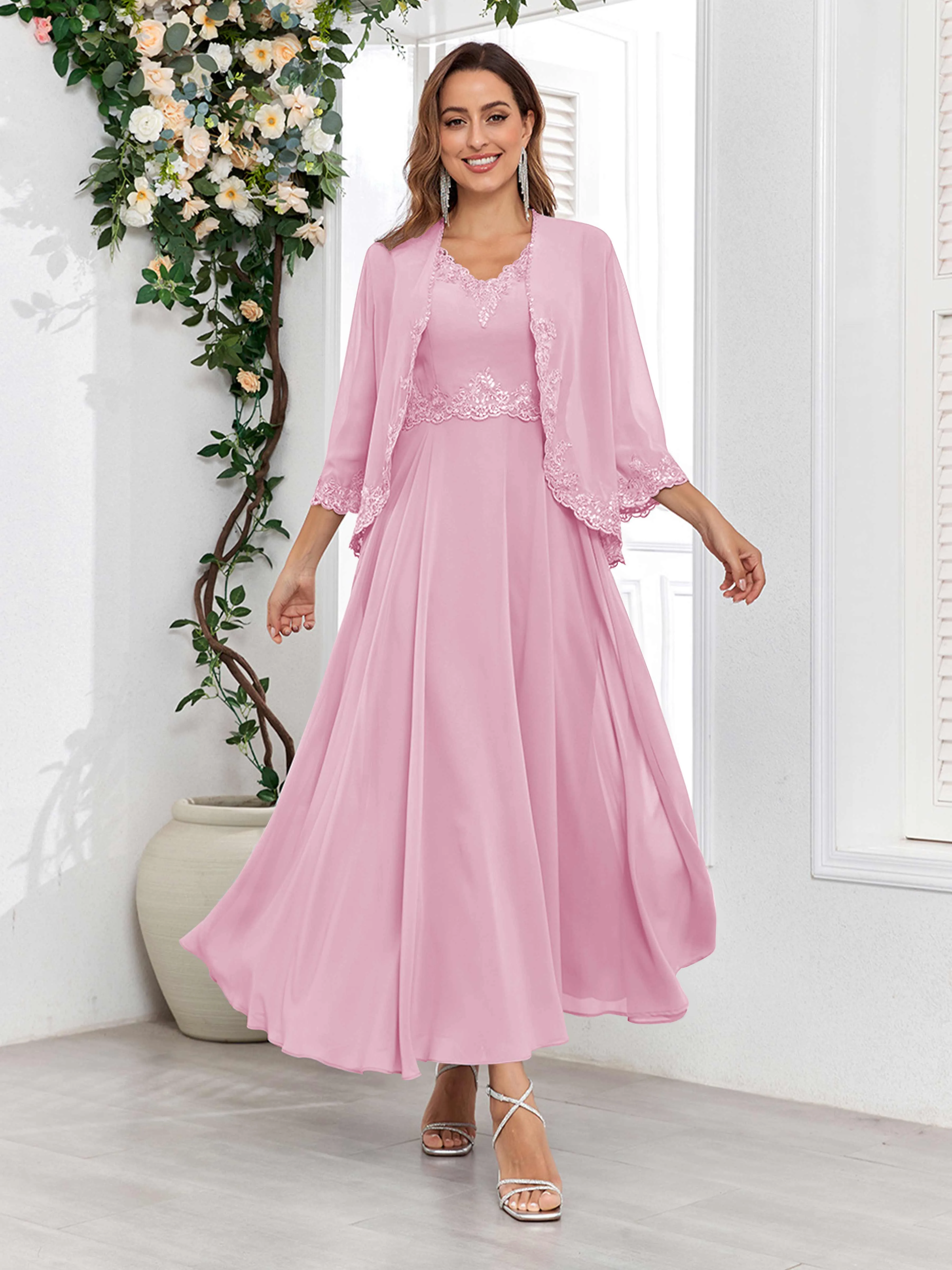 Aisha Enchanting V Neck Two Pieces Appliques Maxi Chiffon Mother Of The Bride Dresses