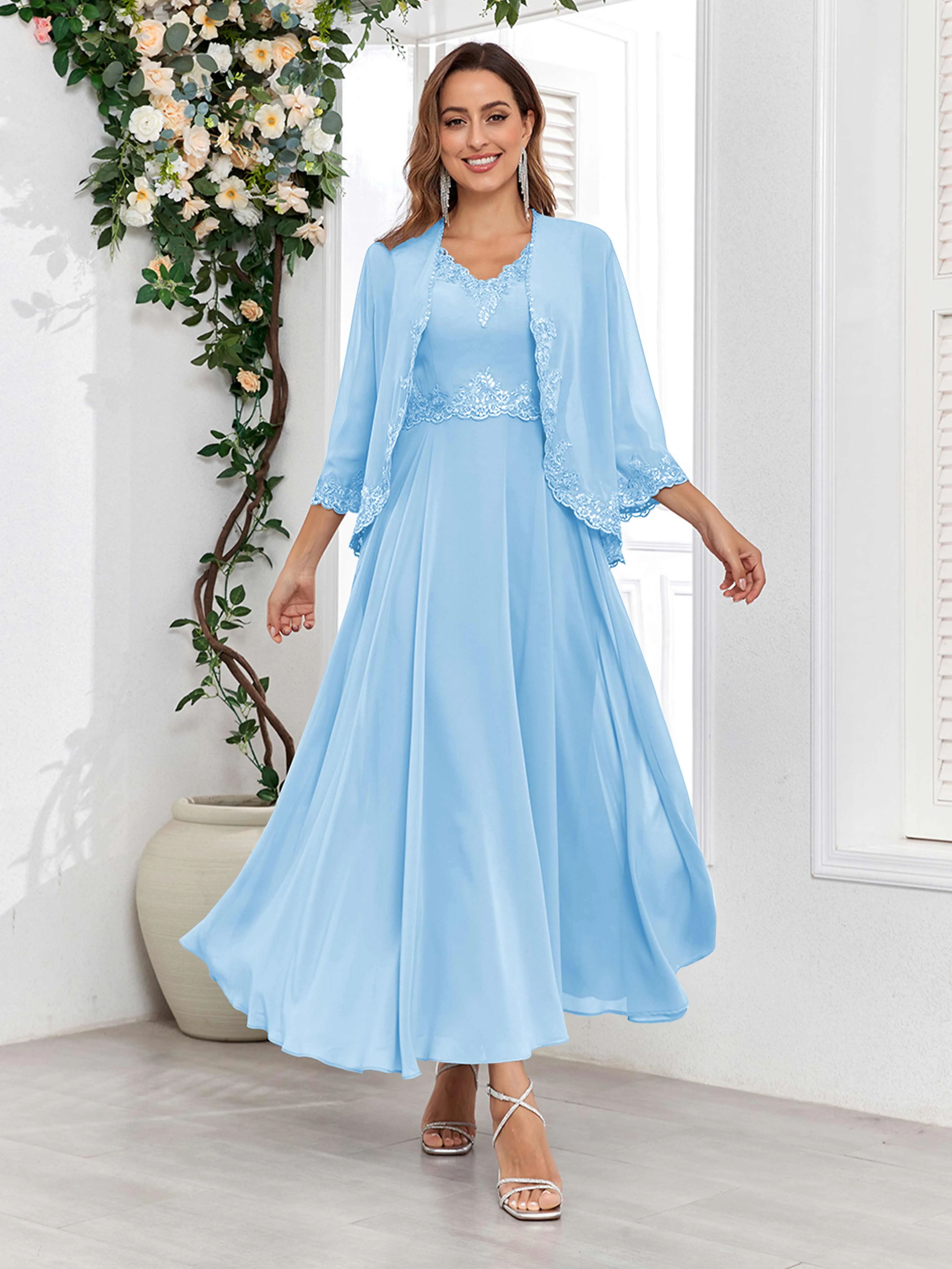 Aisha Enchanting V Neck Two Pieces Appliques Maxi Chiffon Mother Of The Bride Dresses
