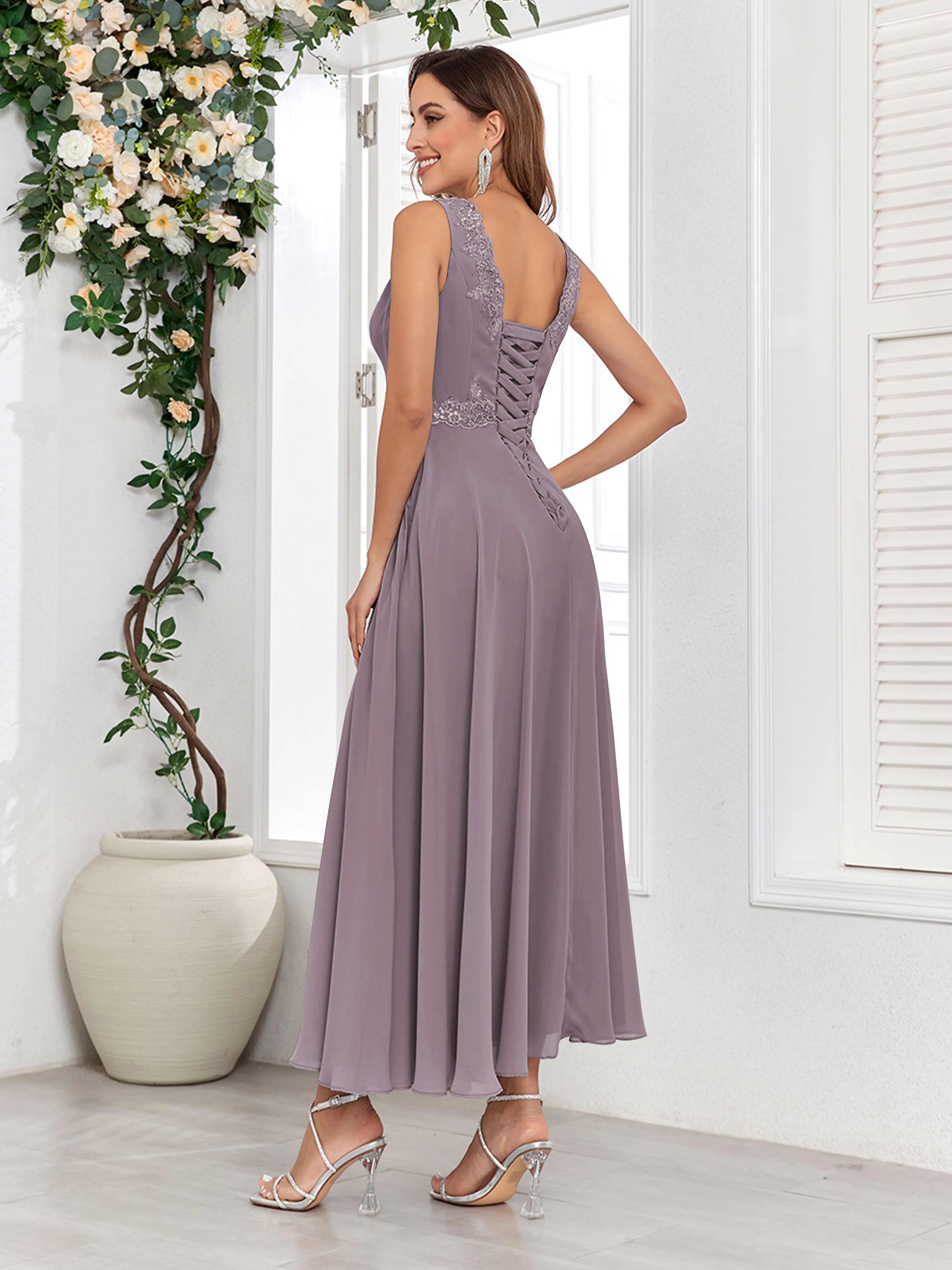Aisha Enchanting V Neck Two Pieces Appliques Maxi Chiffon Mother Of The Bride Dresses