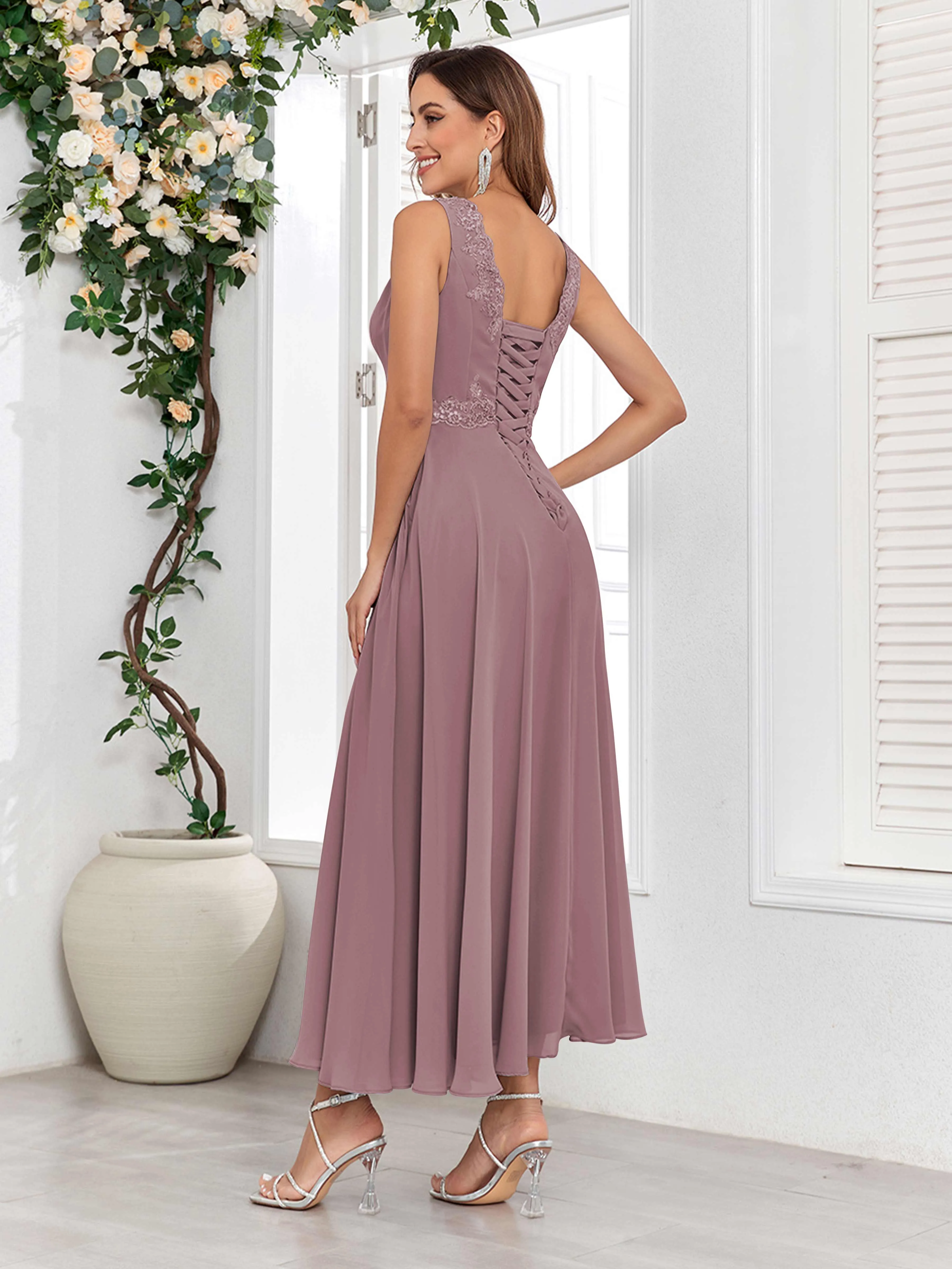 Aisha Enchanting V Neck Two Pieces Appliques Maxi Chiffon Mother Of The Bride Dresses