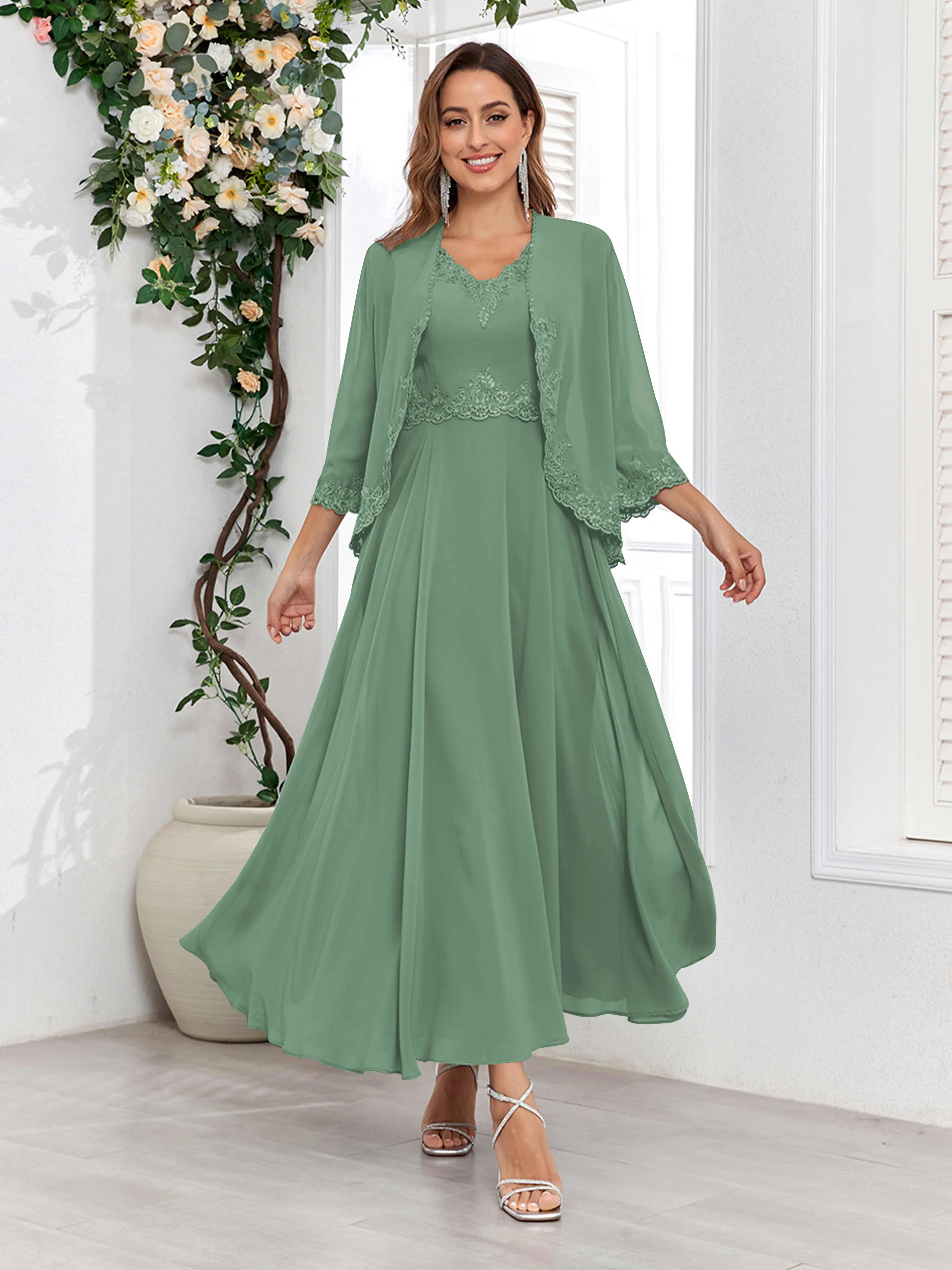 Aisha Enchanting V Neck Two Pieces Appliques Maxi Chiffon Mother Of The Bride Dresses