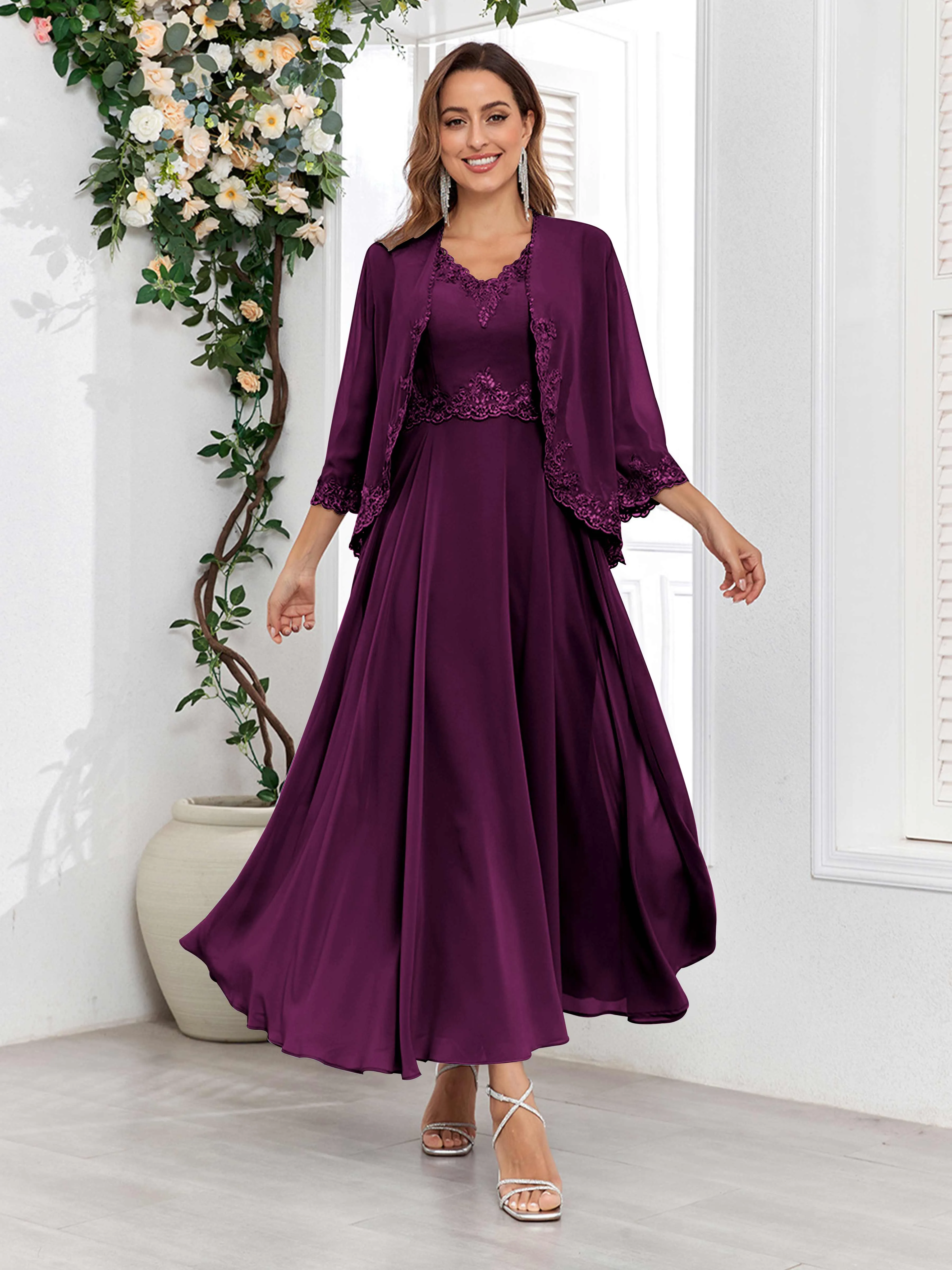 Aisha Enchanting V Neck Two Pieces Appliques Maxi Chiffon Mother Of The Bride Dresses