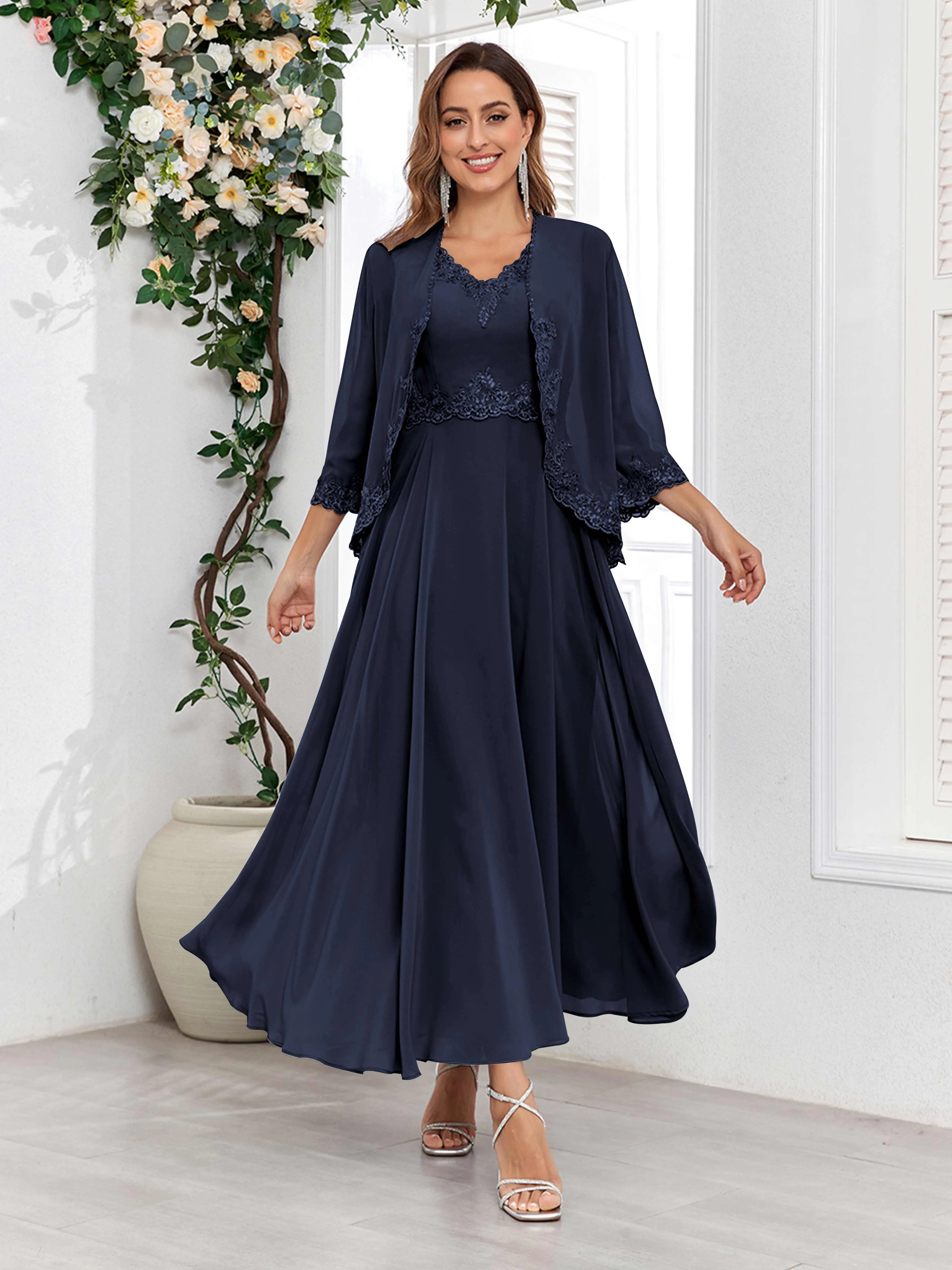 Aisha Enchanting V Neck Two Pieces Appliques Maxi Chiffon Mother Of The Bride Dresses