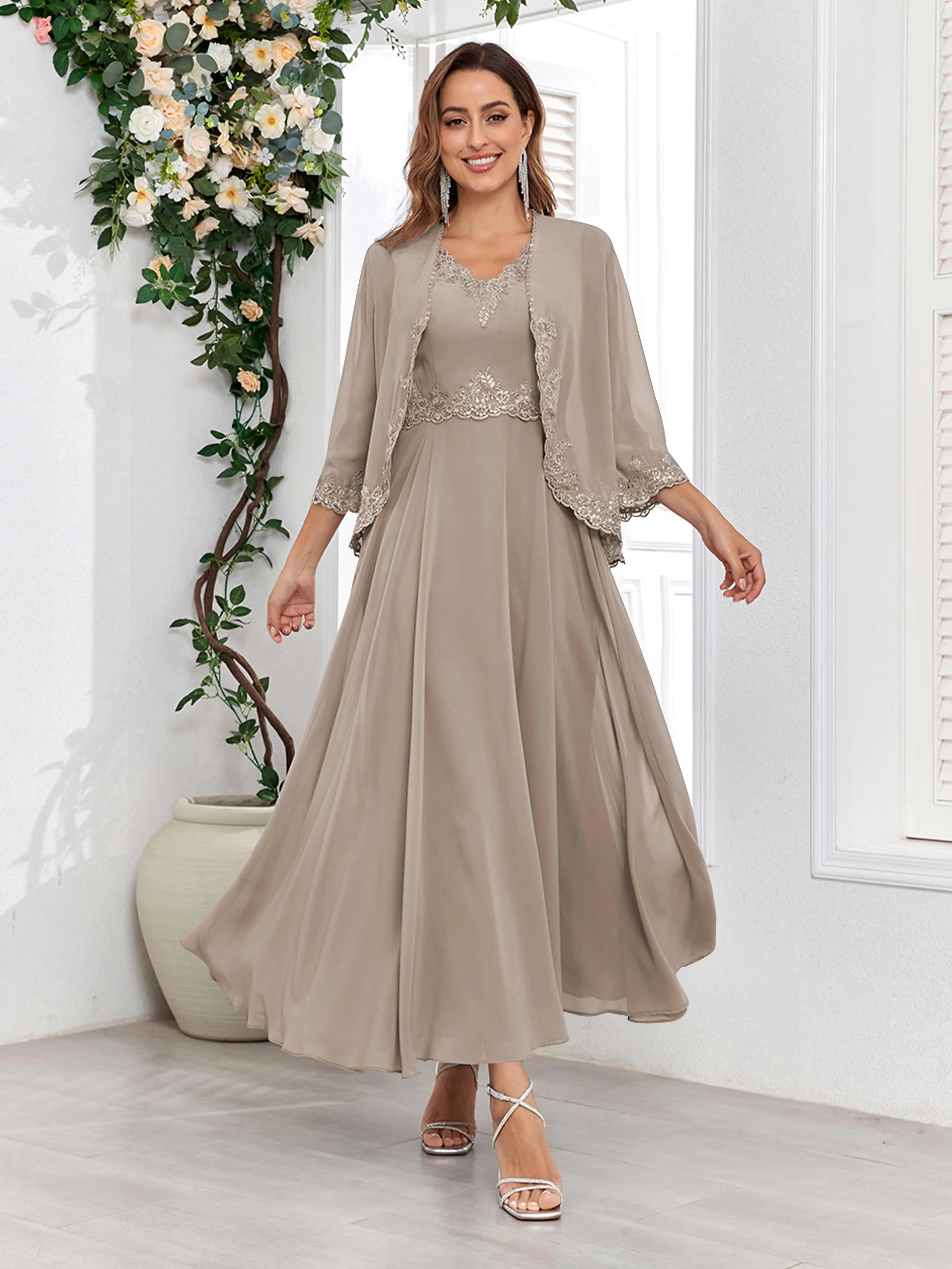 Aisha Enchanting V Neck Two Pieces Appliques Maxi Chiffon Mother Of The Bride Dresses
