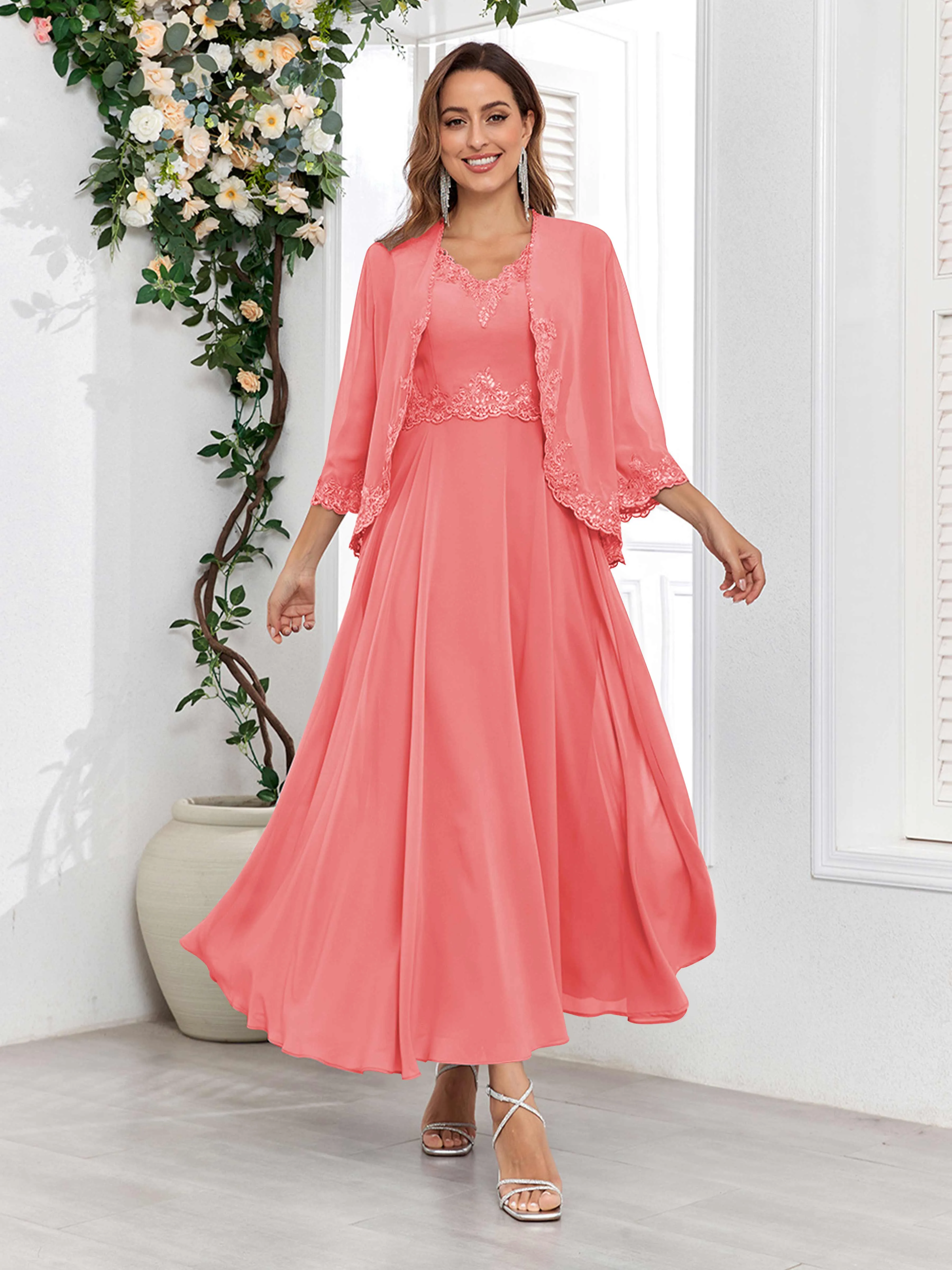 Aisha Enchanting V Neck Two Pieces Appliques Maxi Chiffon Mother Of The Bride Dresses