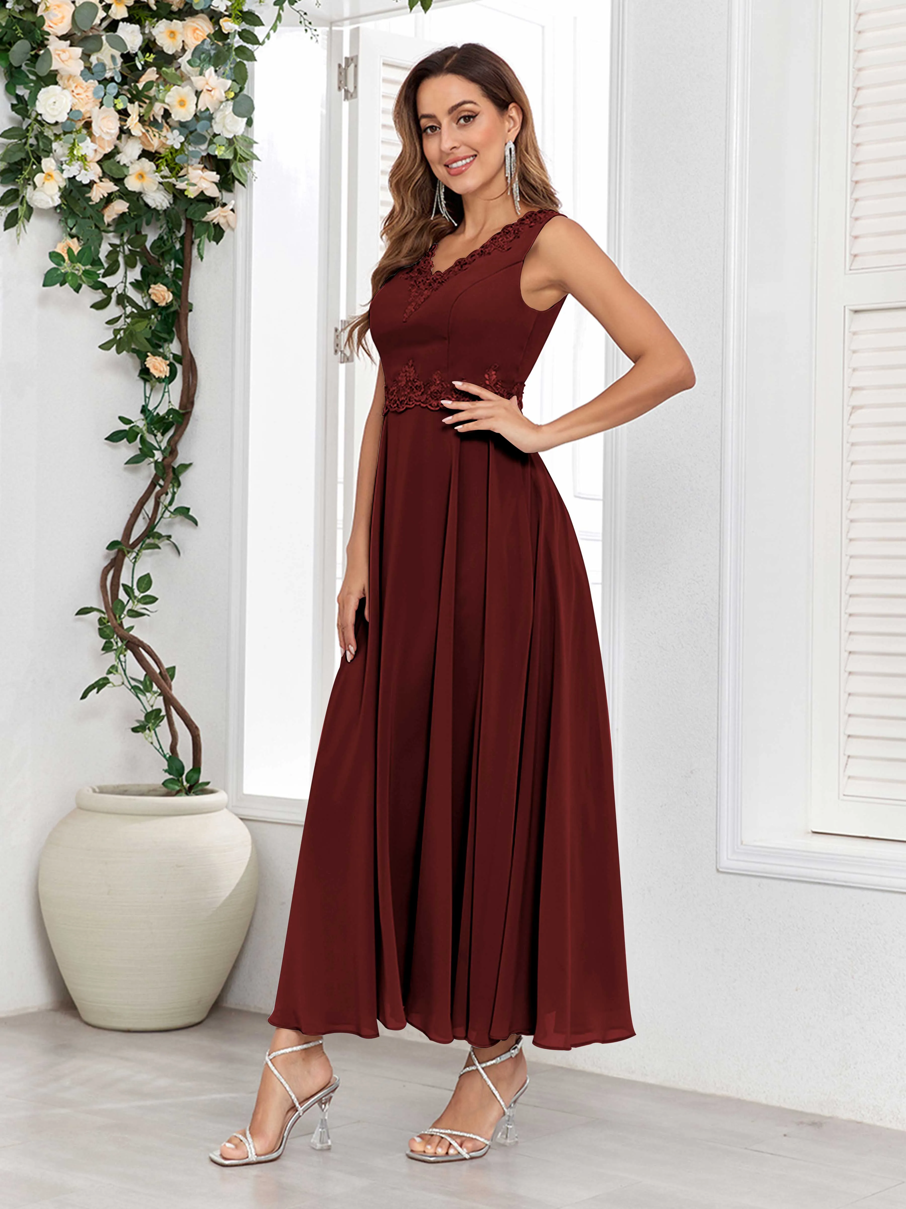 Aisha Enchanting V Neck Two Pieces Appliques Maxi Chiffon Mother Of The Bride Dresses