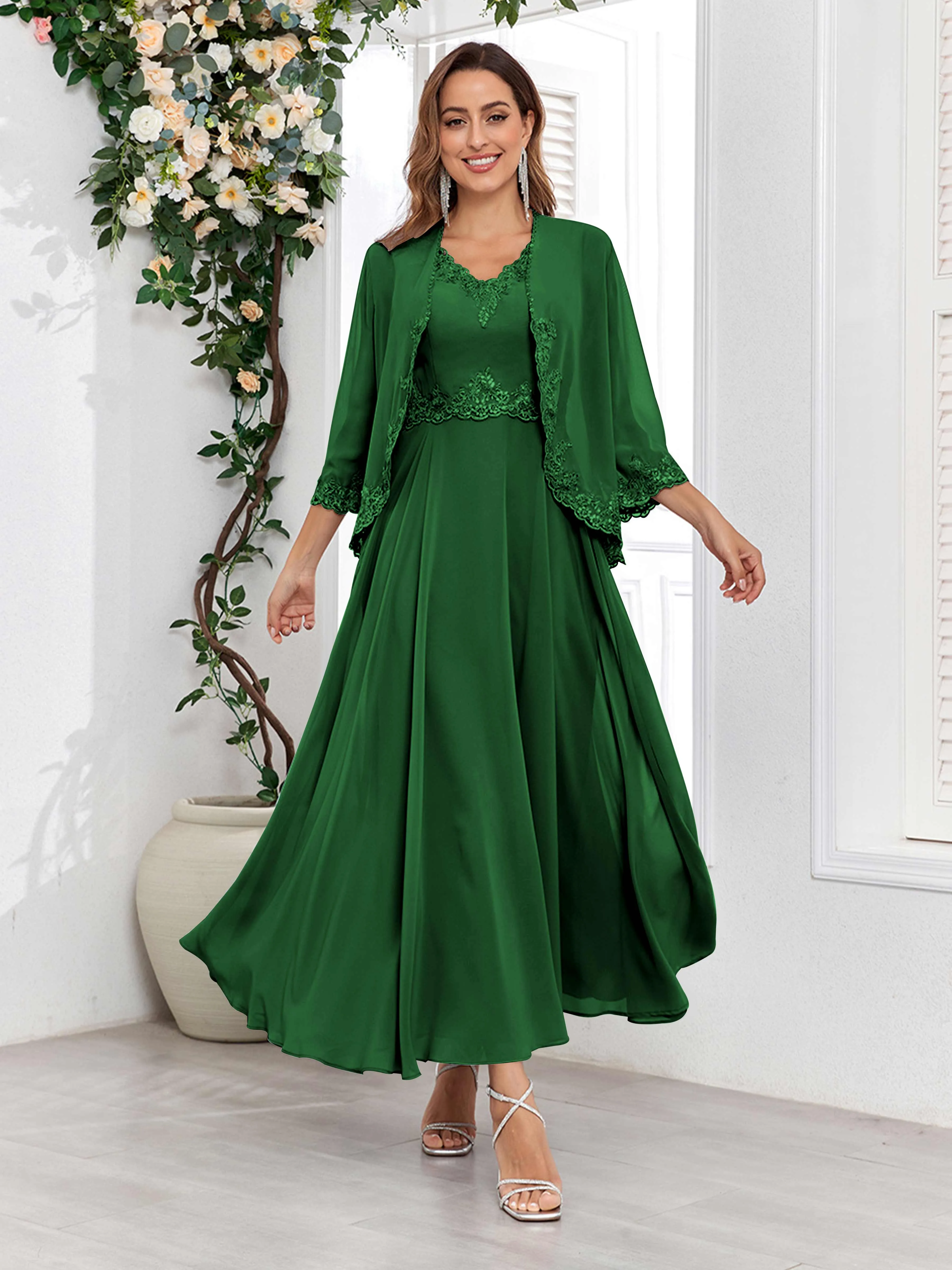 Aisha Enchanting V Neck Two Pieces Appliques Maxi Chiffon Mother Of The Bride Dresses