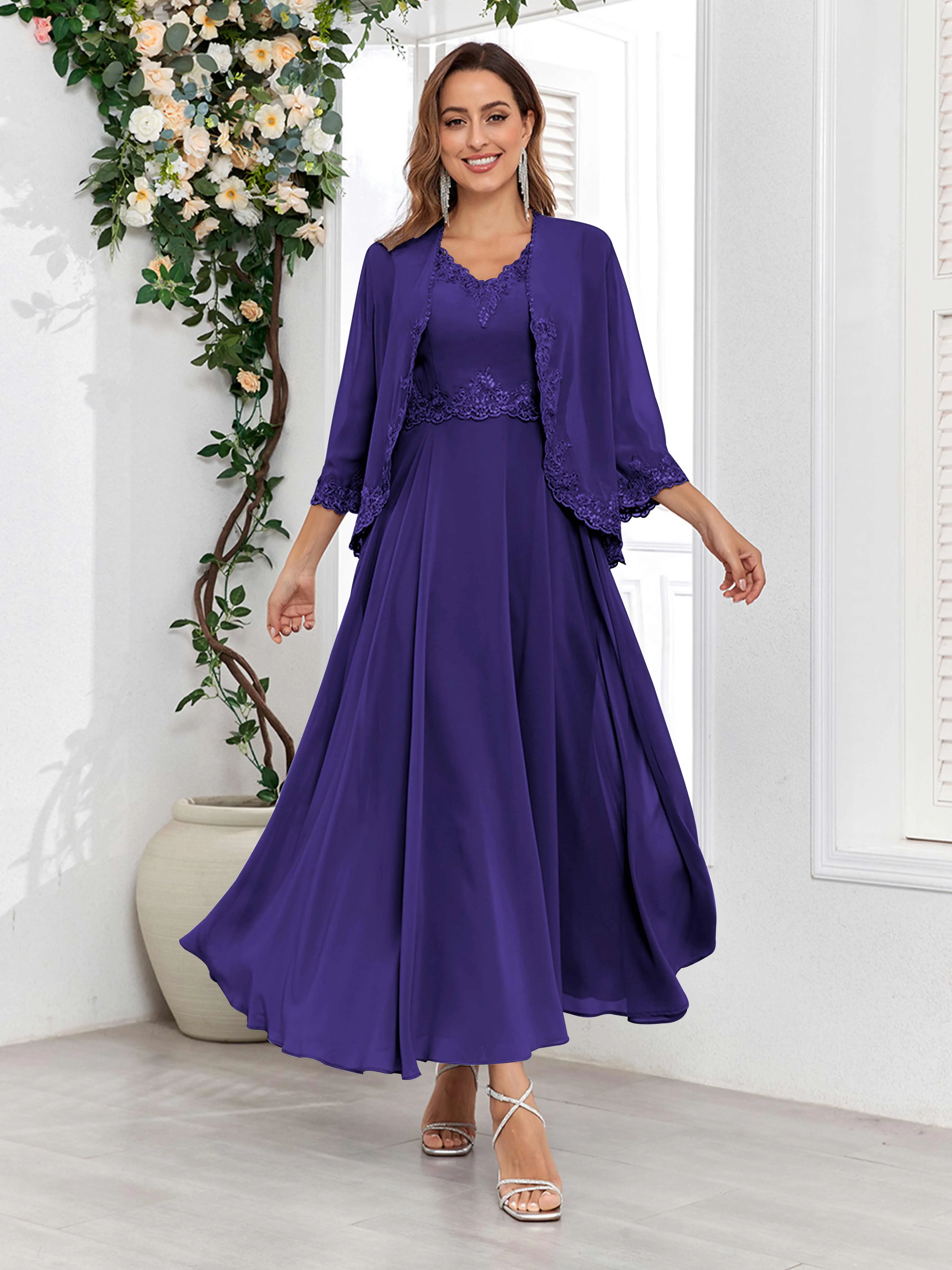 Aisha Enchanting V Neck Two Pieces Appliques Maxi Chiffon Mother Of The Bride Dresses