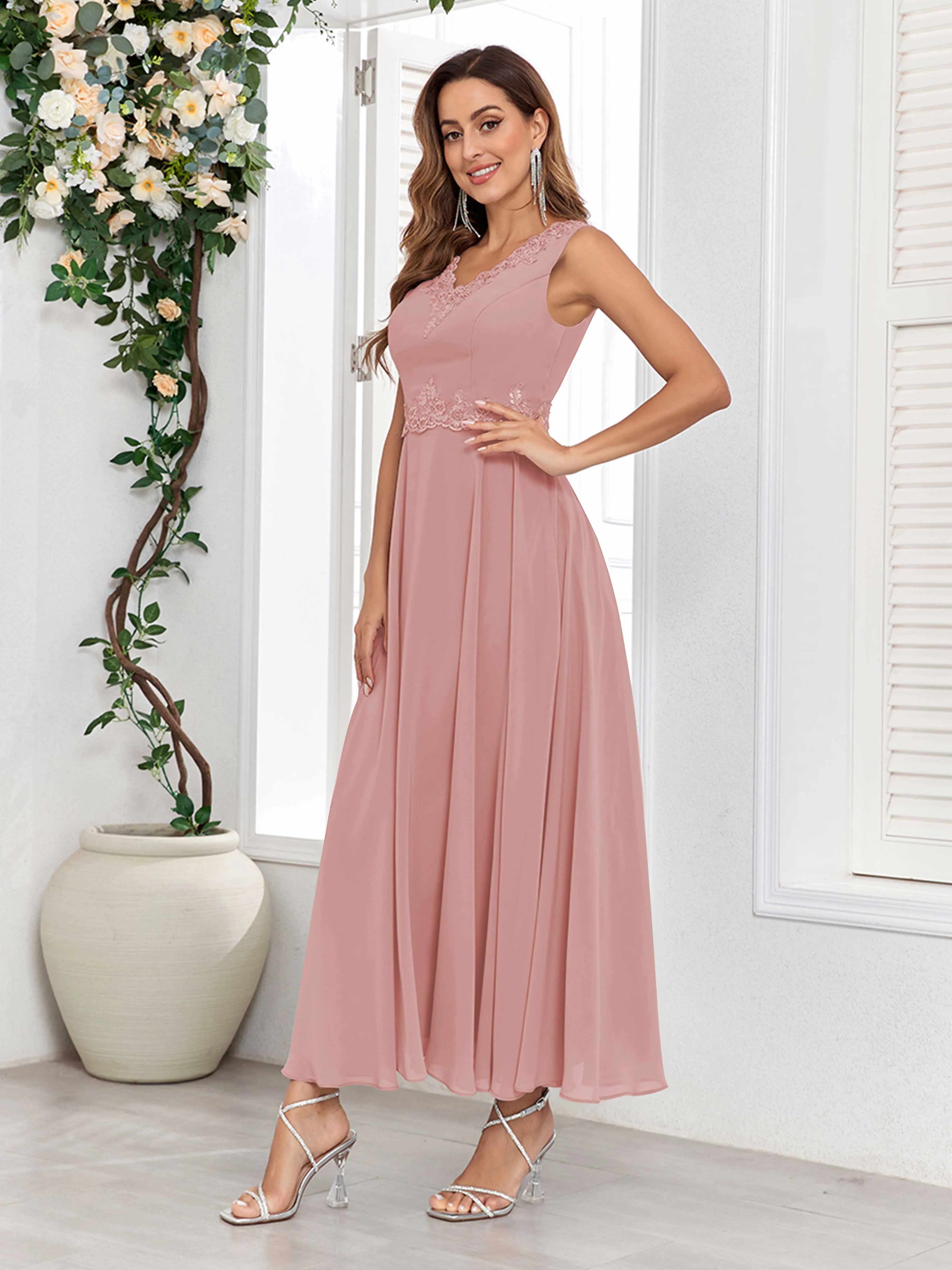 Aisha Enchanting V Neck Two Pieces Appliques Maxi Chiffon Mother Of The Bride Dresses