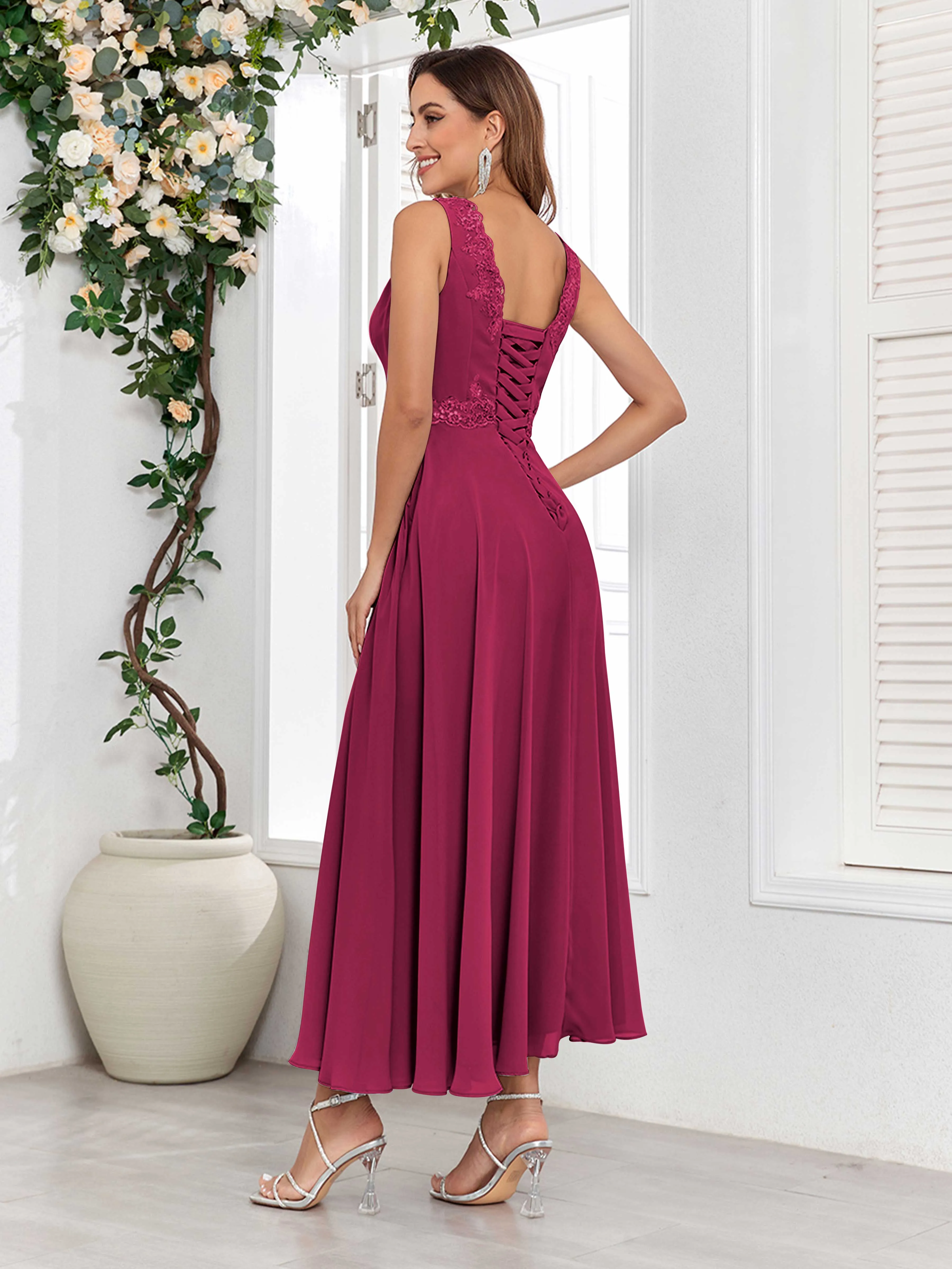 Aisha Enchanting V Neck Two Pieces Appliques Maxi Chiffon Mother Of The Bride Dresses