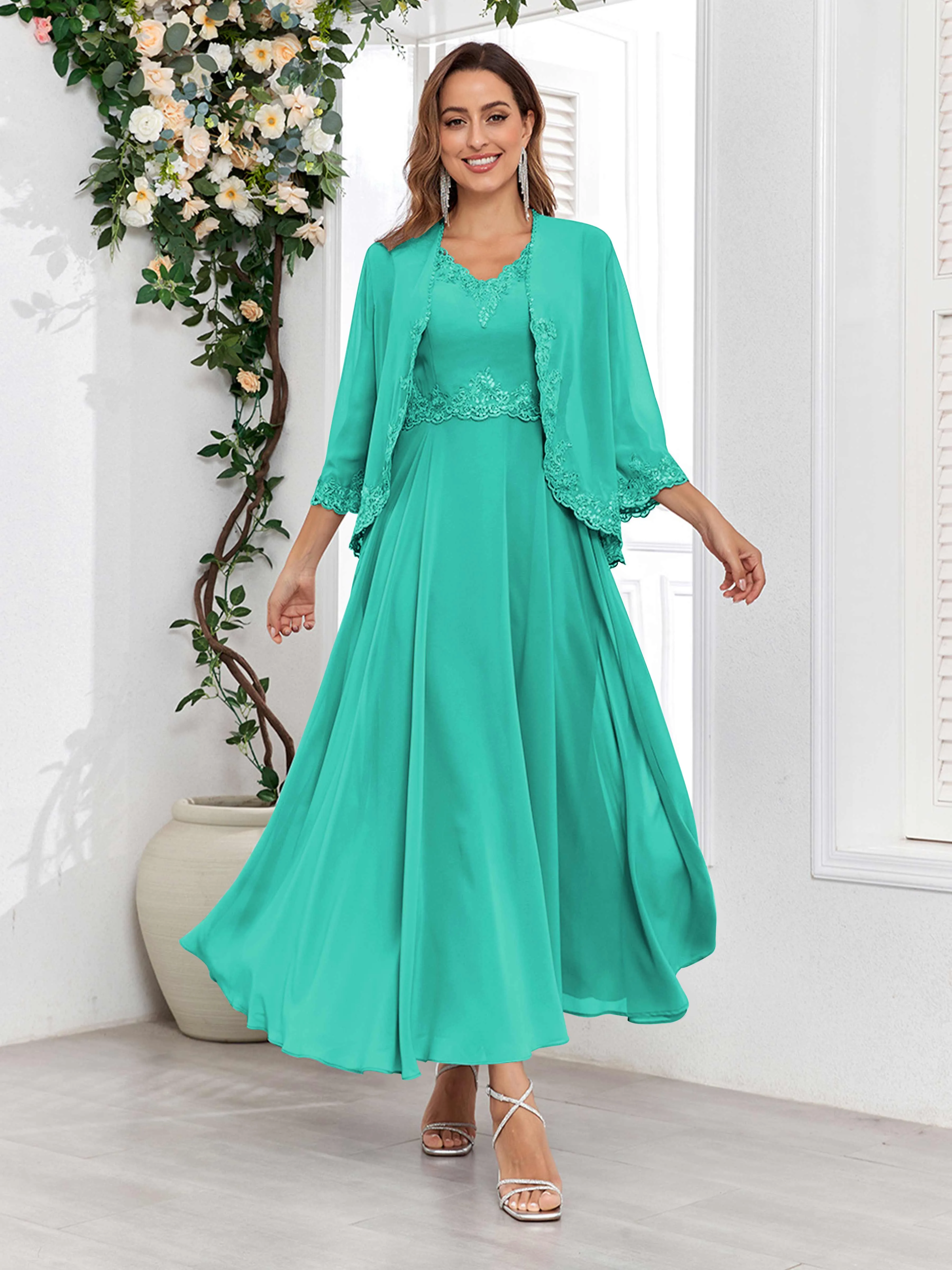 Aisha Enchanting V Neck Two Pieces Appliques Maxi Chiffon Mother Of The Bride Dresses