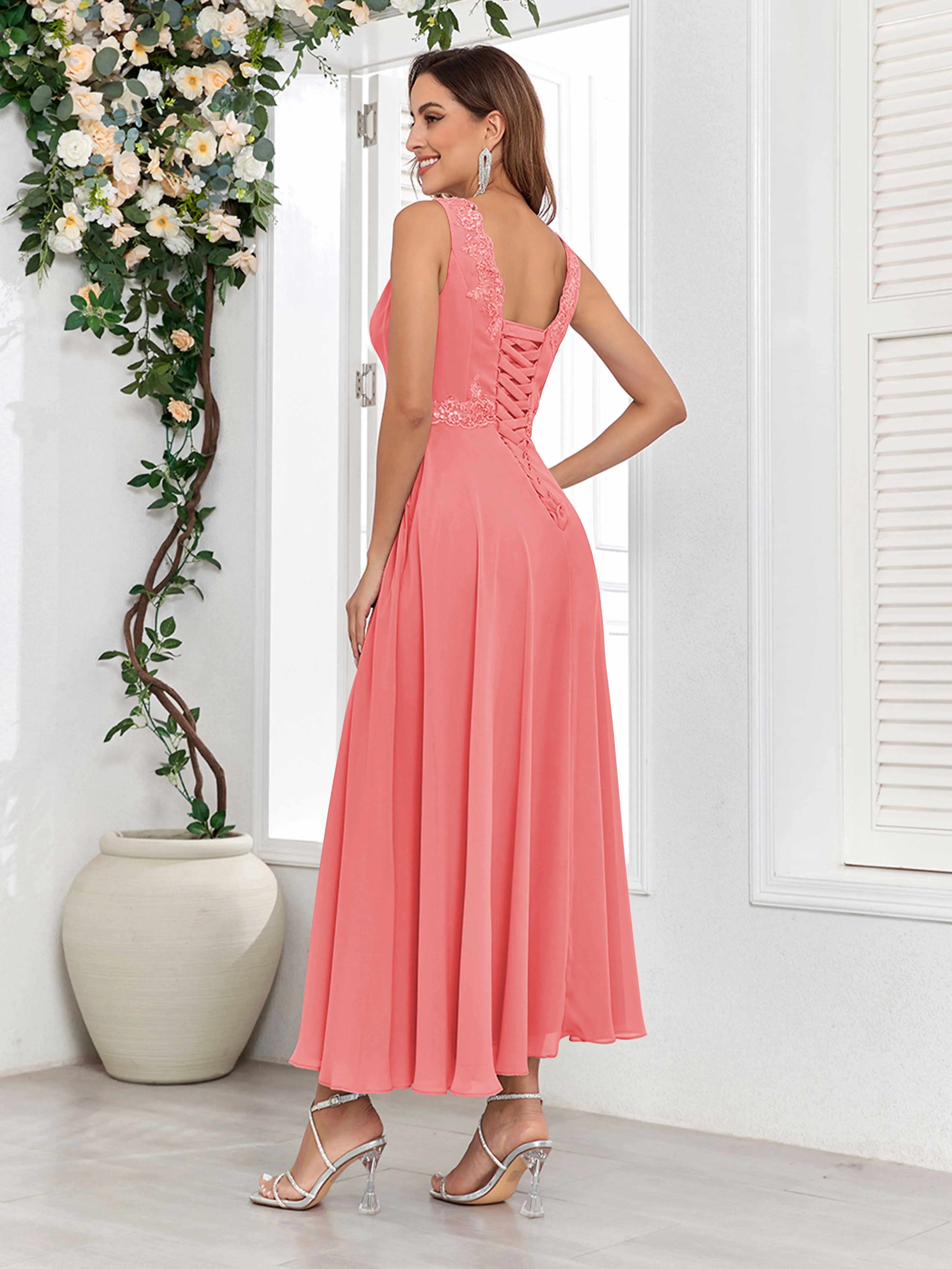 Aisha Enchanting V Neck Two Pieces Appliques Maxi Chiffon Mother Of The Bride Dresses