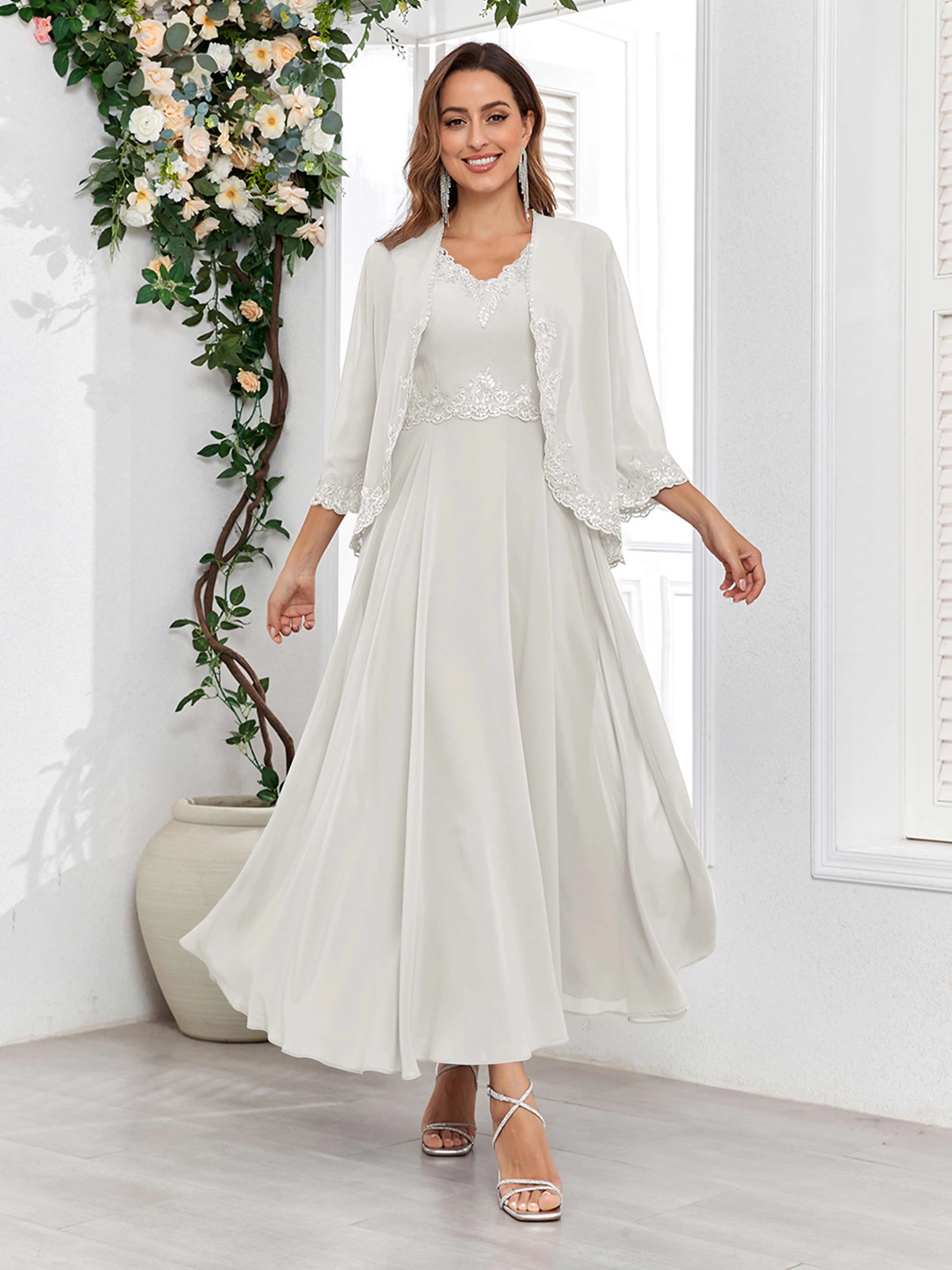 Aisha Enchanting V Neck Two Pieces Appliques Maxi Chiffon Mother Of The Bride Dresses