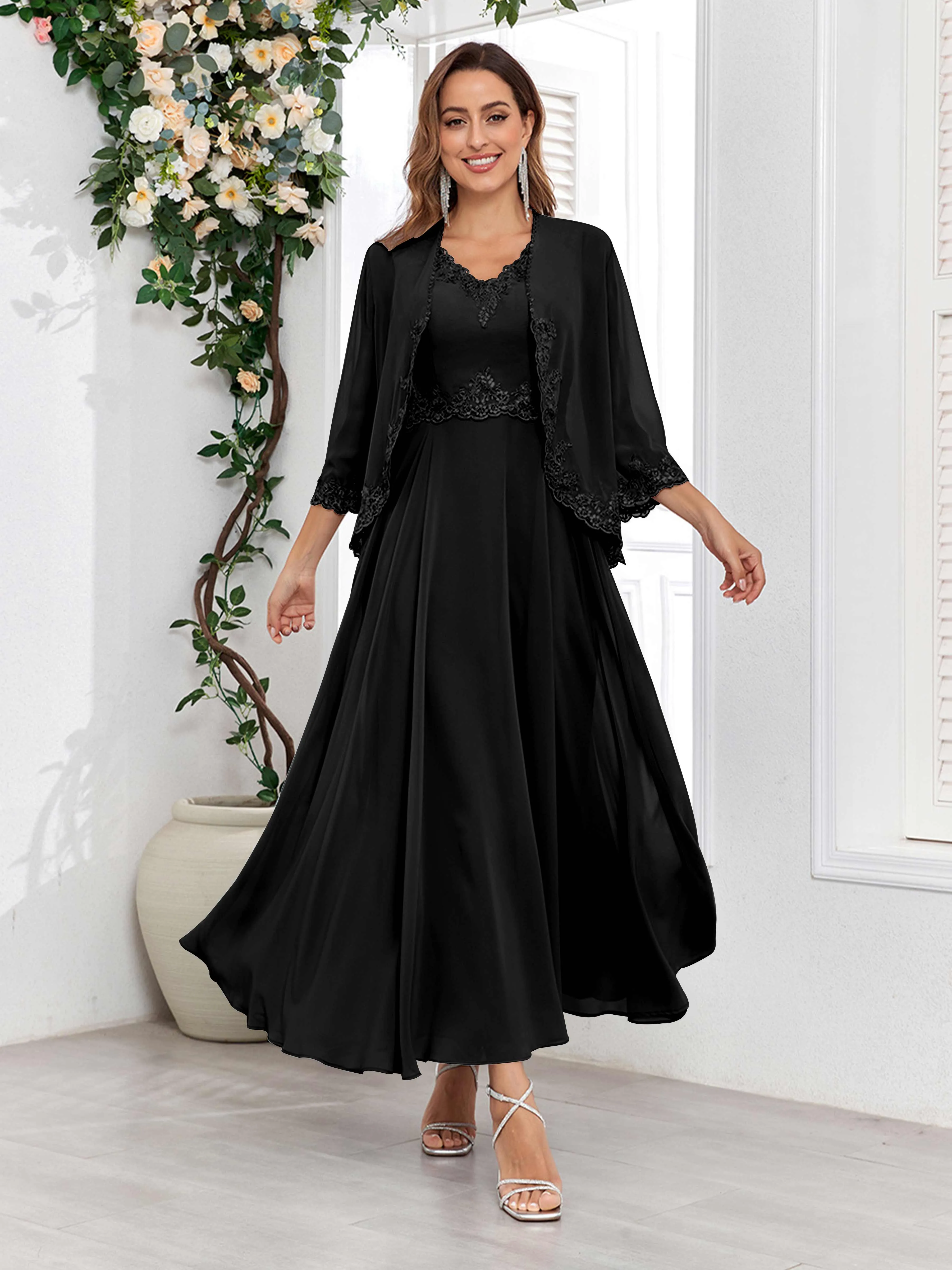 Aisha Enchanting V Neck Two Pieces Appliques Maxi Chiffon Mother Of The Bride Dresses