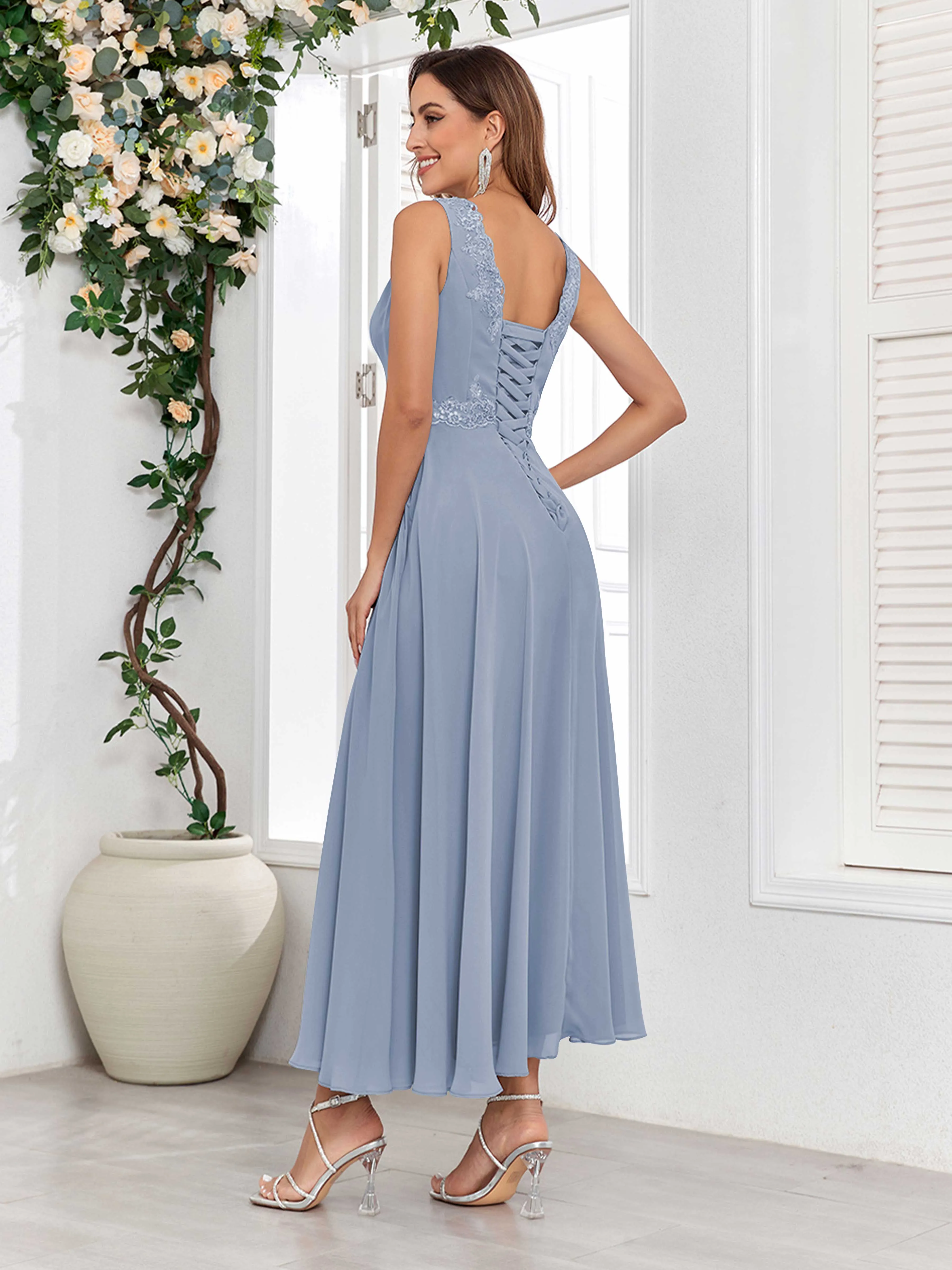 Aisha Enchanting V Neck Two Pieces Appliques Maxi Chiffon Mother Of The Bride Dresses