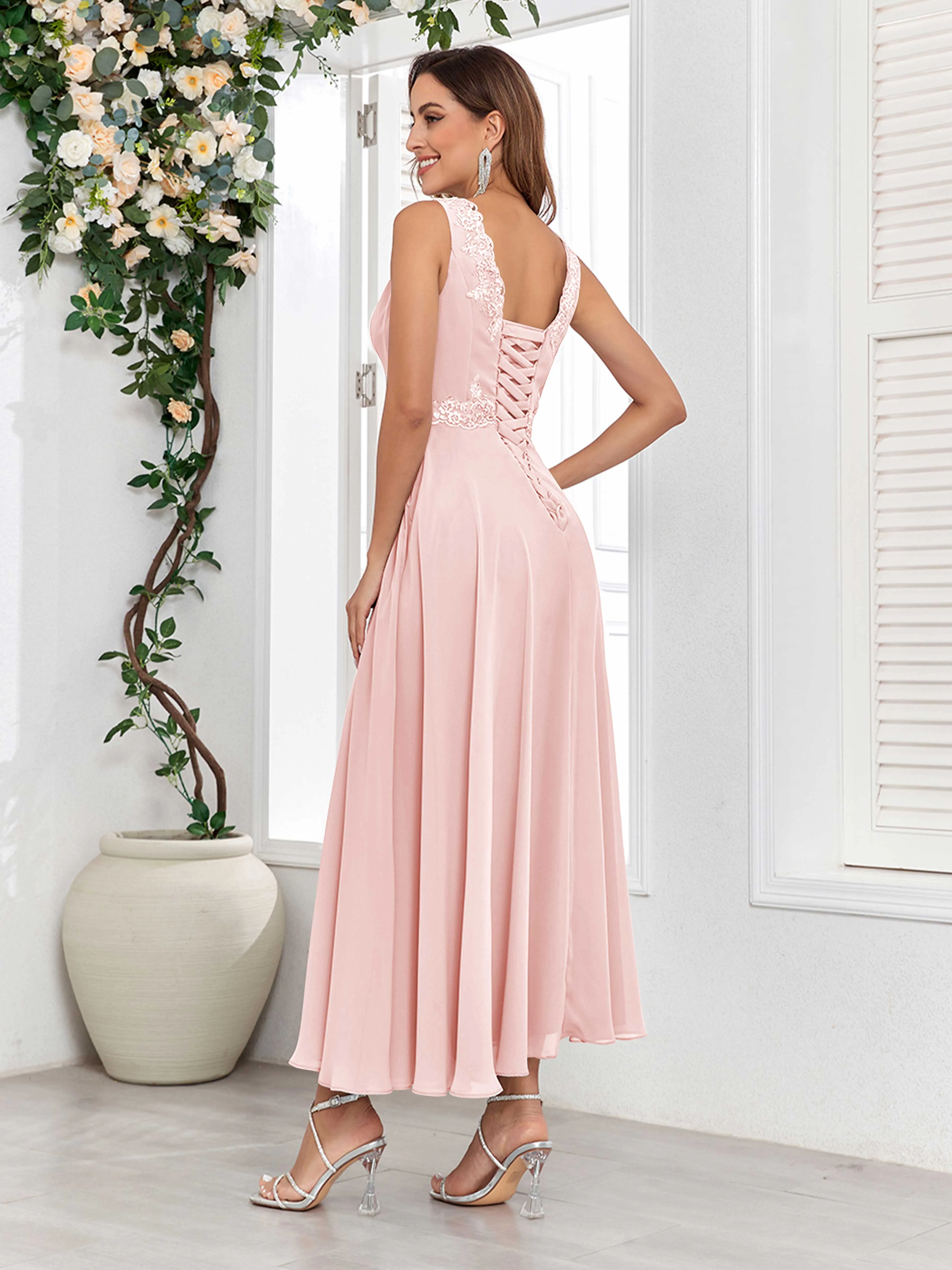 Aisha Enchanting V Neck Two Pieces Appliques Maxi Chiffon Mother Of The Bride Dresses