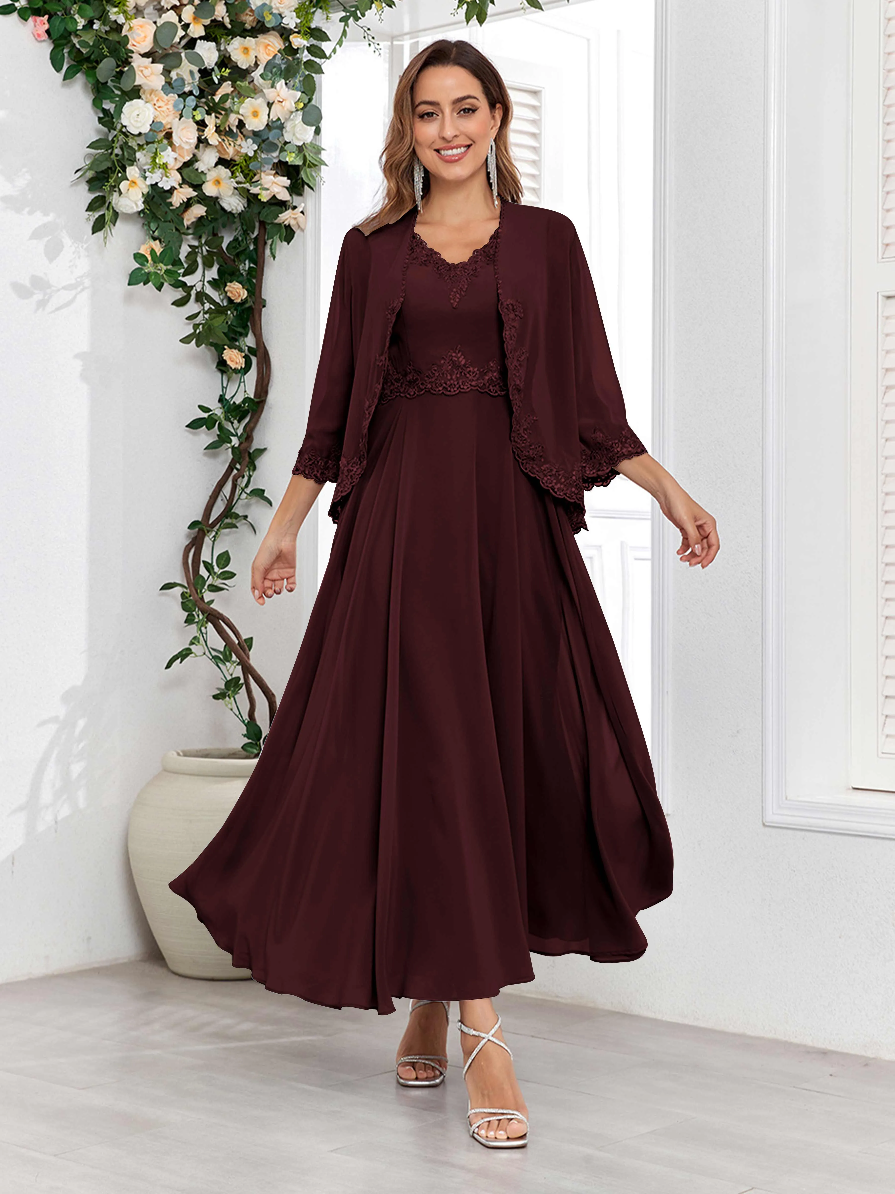Aisha Enchanting V Neck Two Pieces Appliques Maxi Chiffon Mother Of The Bride Dresses