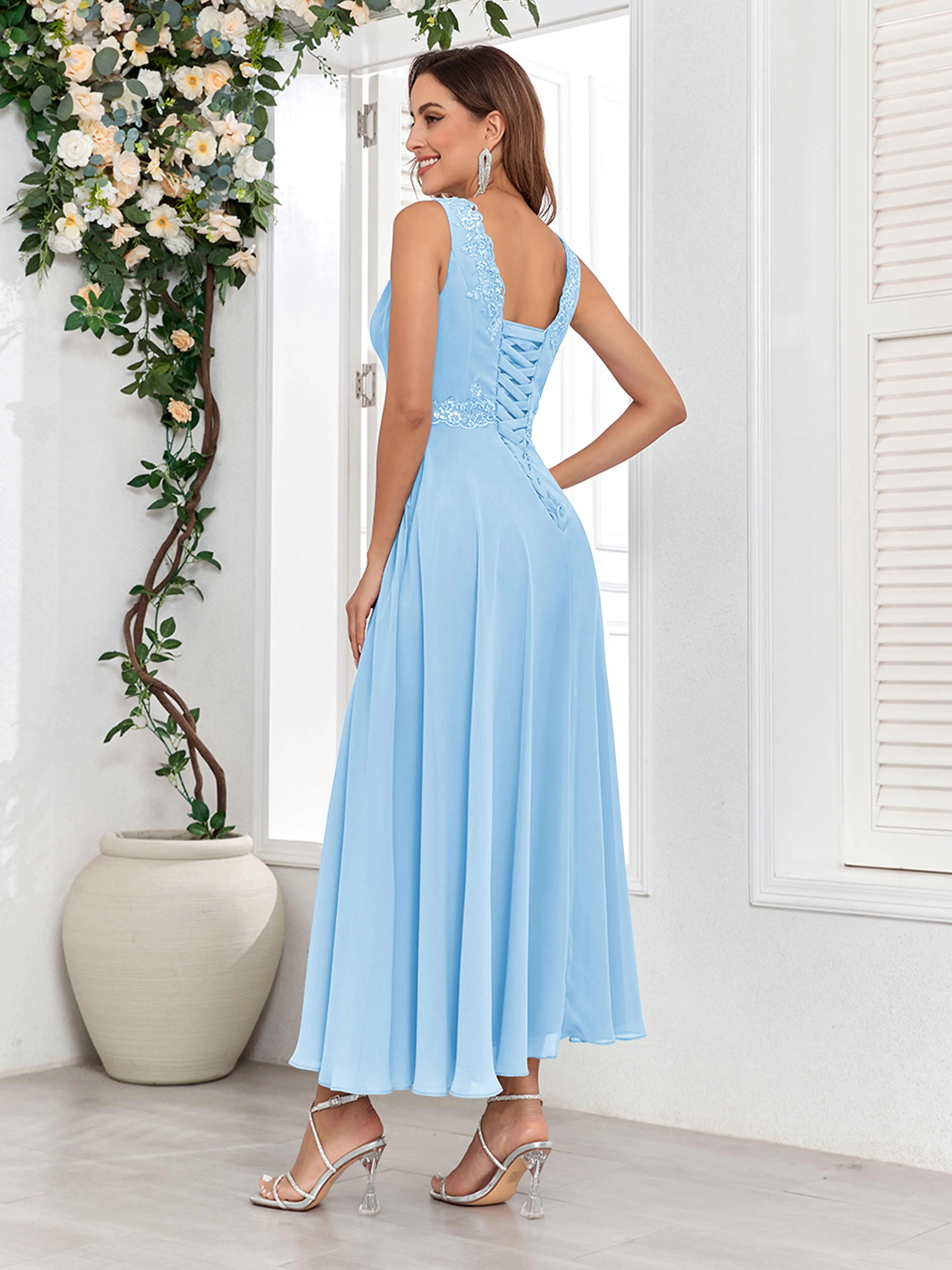 Aisha Enchanting V Neck Two Pieces Appliques Maxi Chiffon Mother Of The Bride Dresses