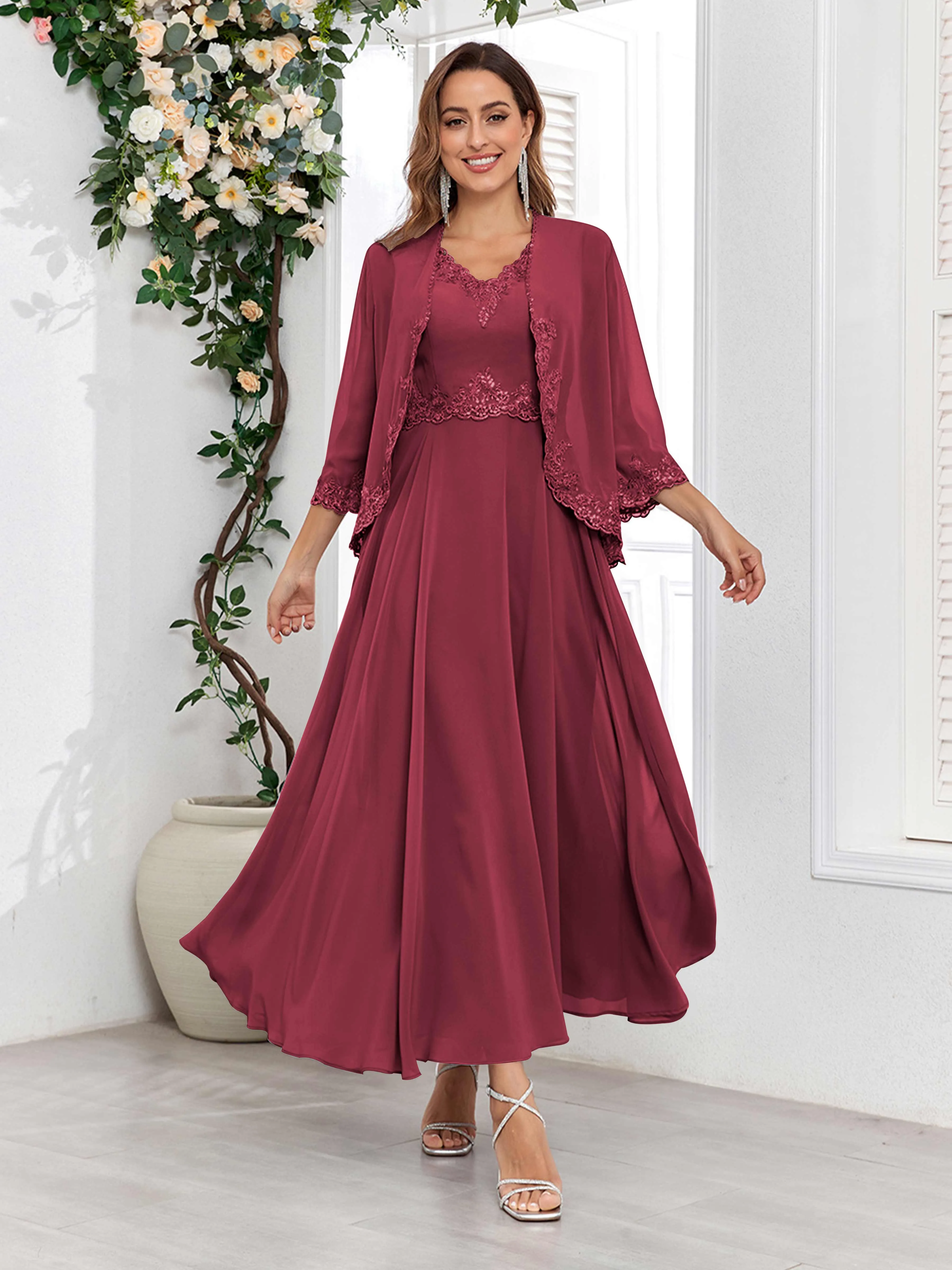 Aisha Enchanting V Neck Two Pieces Appliques Maxi Chiffon Mother Of The Bride Dresses