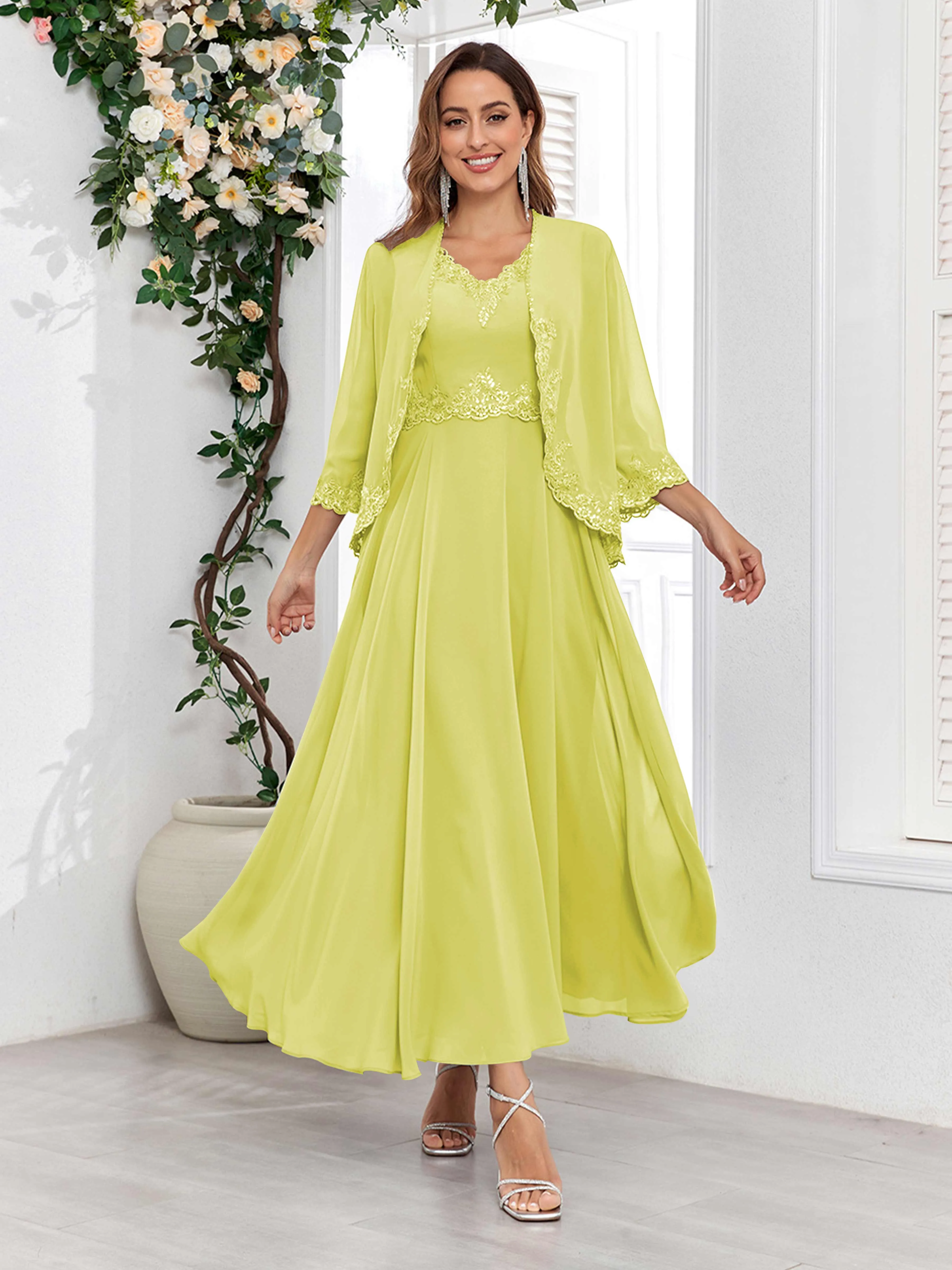 Aisha Enchanting V Neck Two Pieces Appliques Maxi Chiffon Mother Of The Bride Dresses