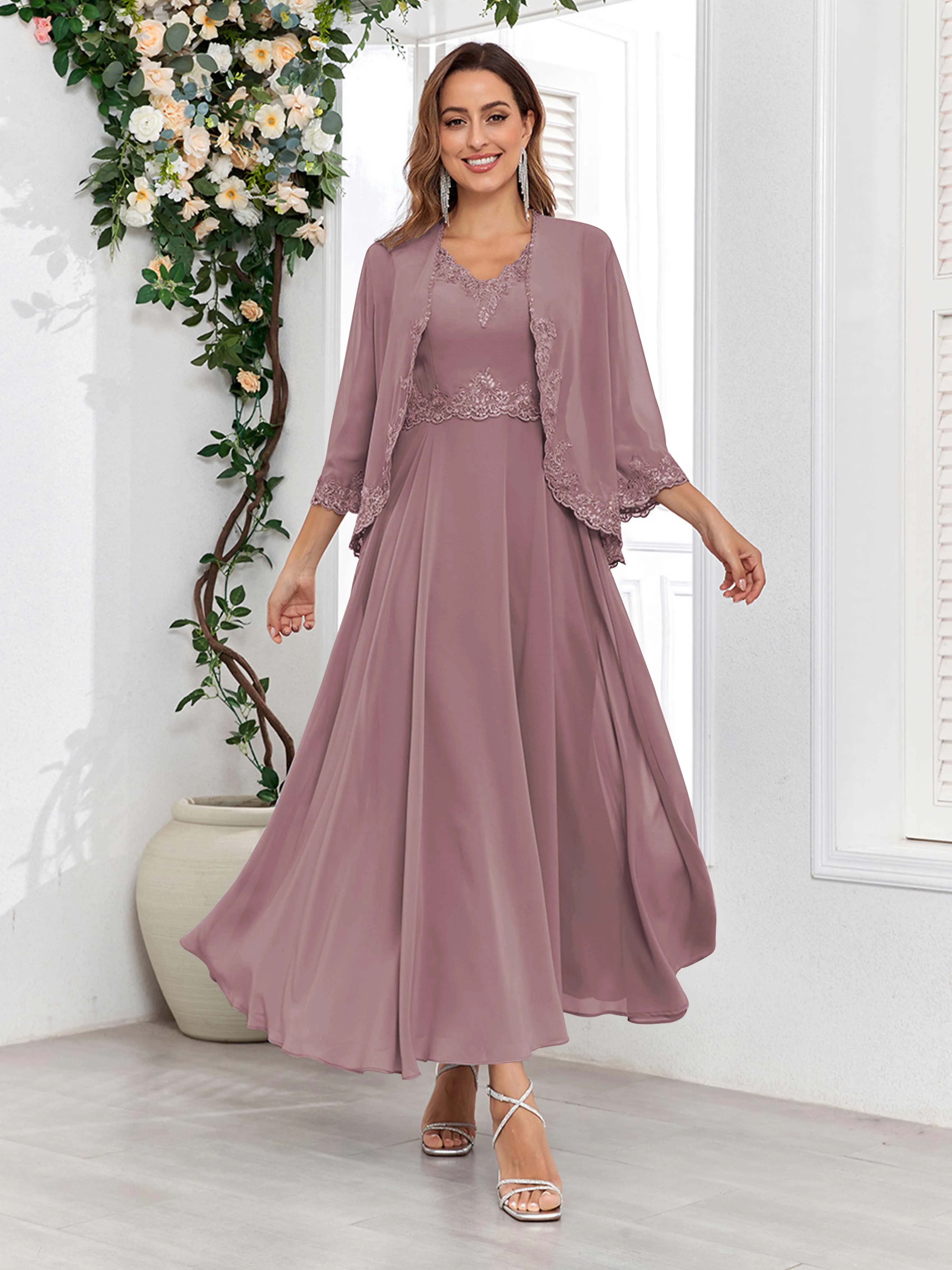 Aisha Enchanting V Neck Two Pieces Appliques Maxi Chiffon Mother Of The Bride Dresses