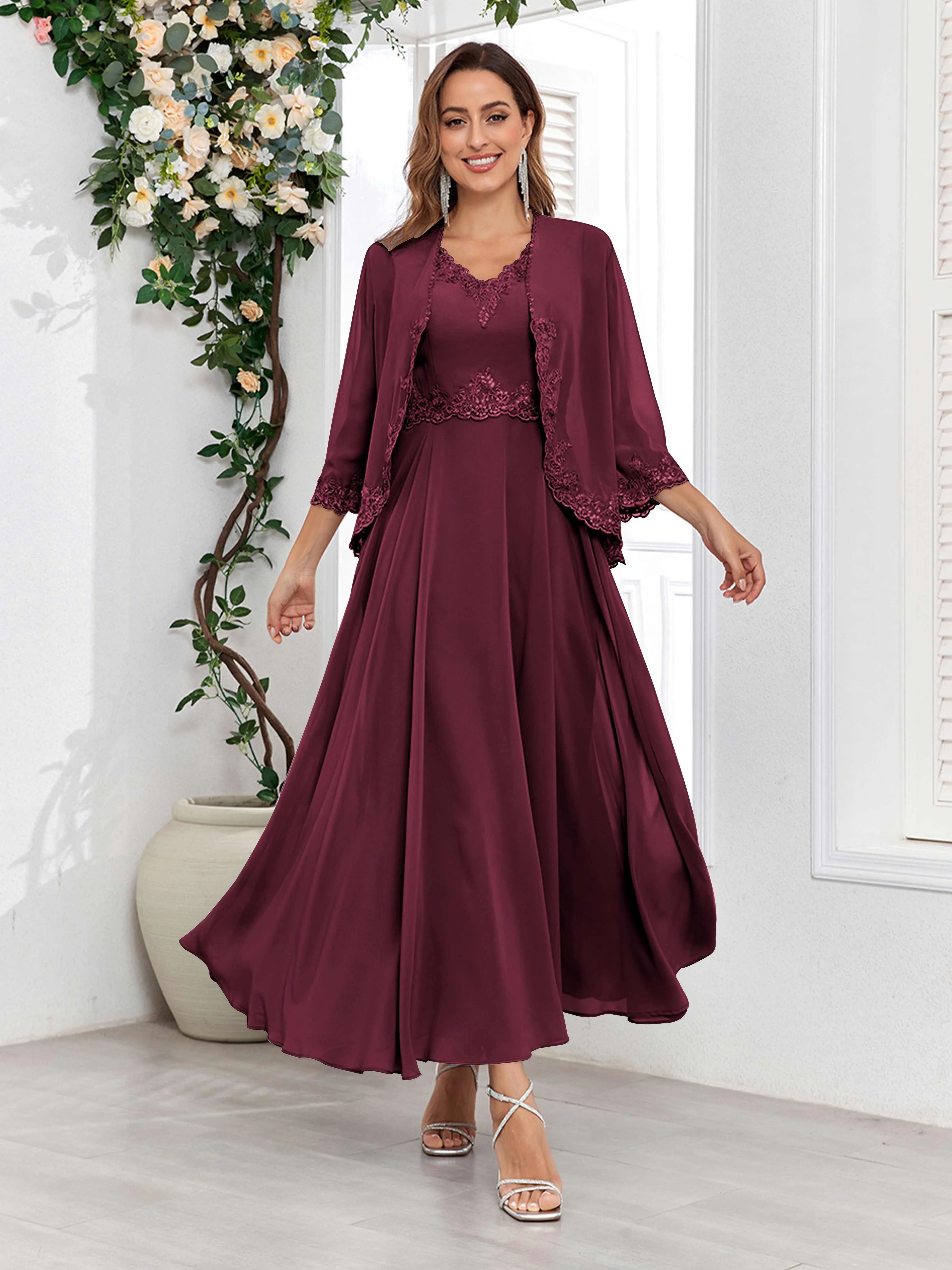 Aisha Enchanting V Neck Two Pieces Appliques Maxi Chiffon Mother Of The Bride Dresses