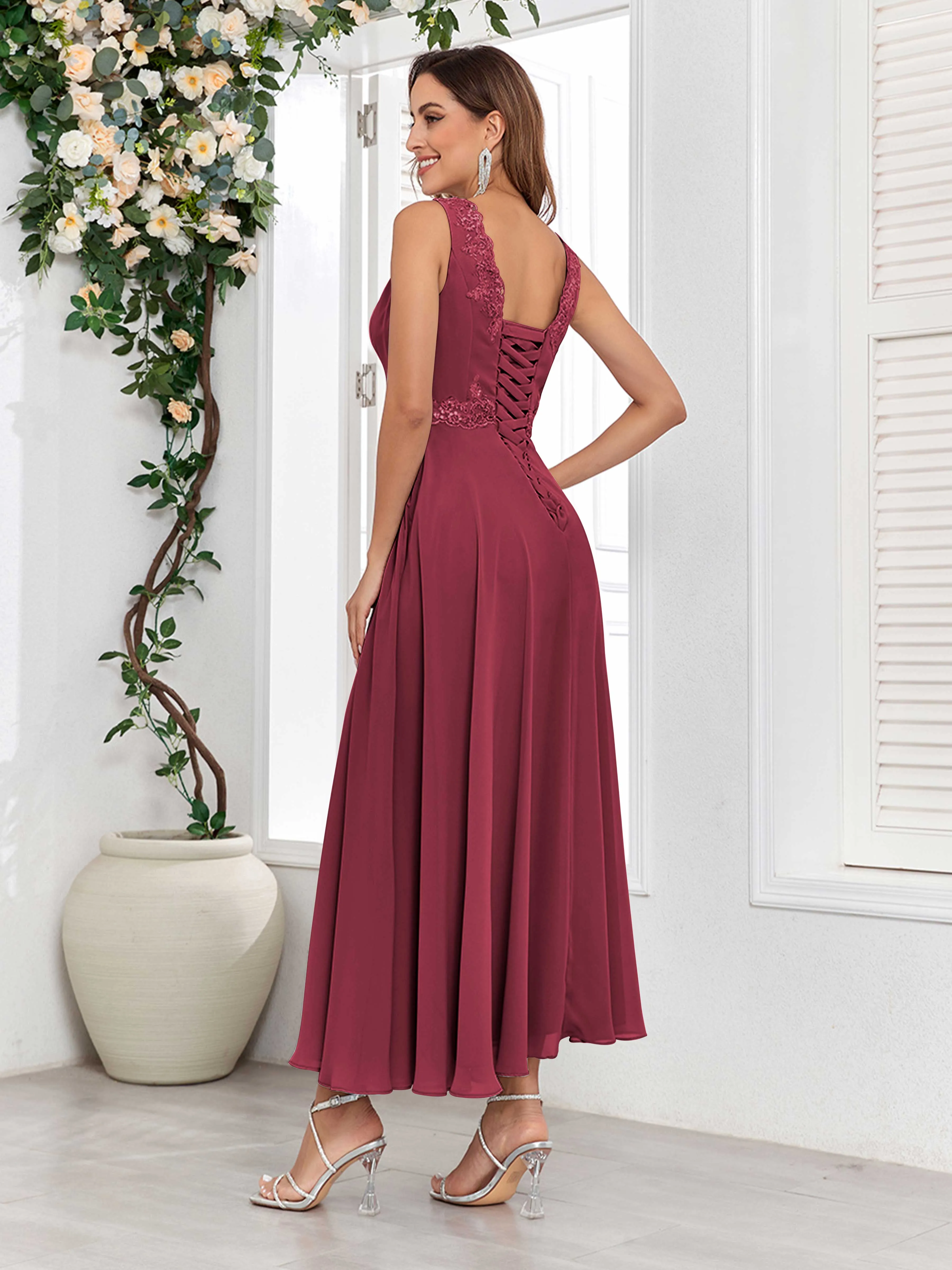Aisha Enchanting V Neck Two Pieces Appliques Maxi Chiffon Mother Of The Bride Dresses