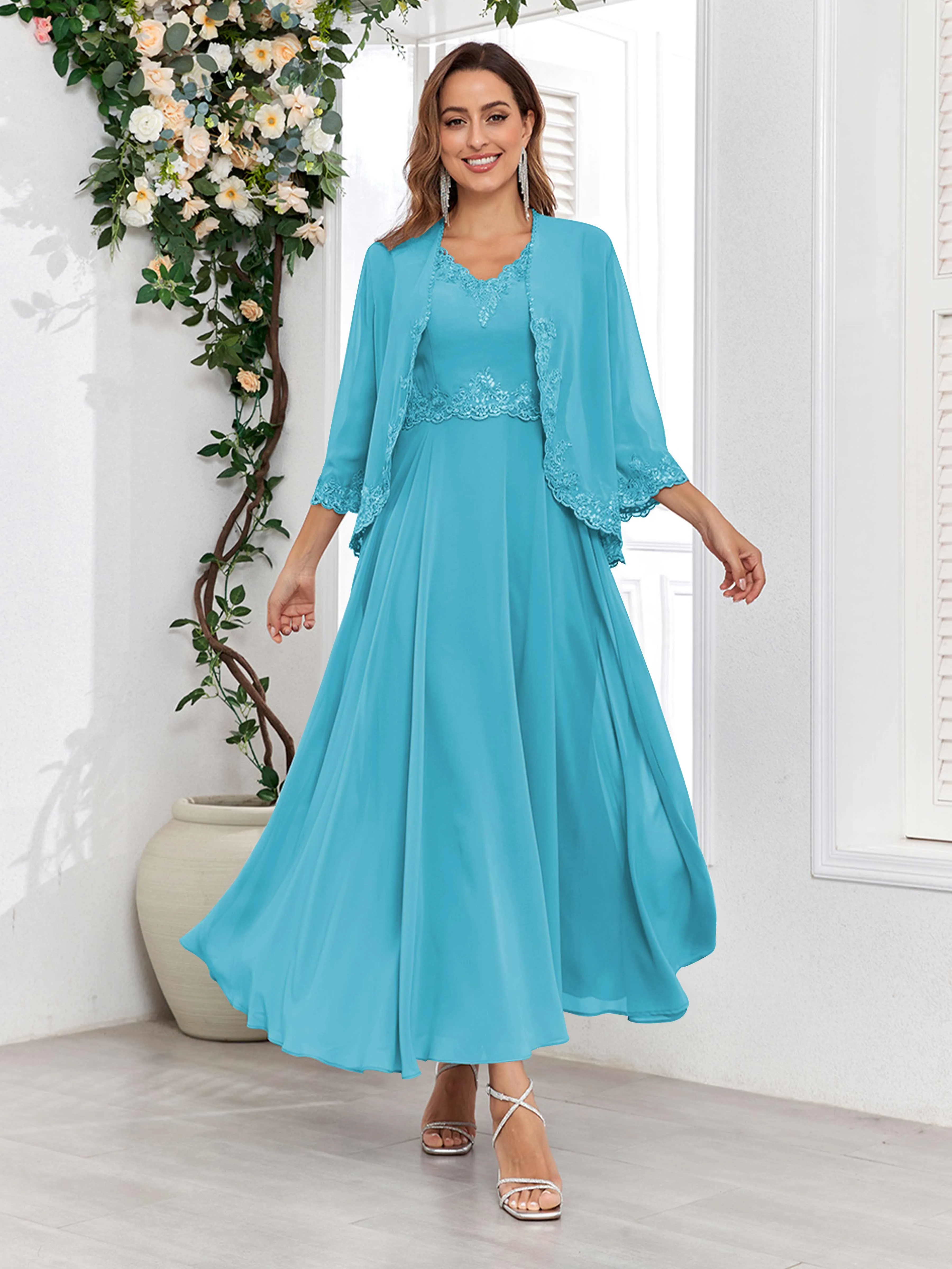 Aisha Enchanting V Neck Two Pieces Appliques Maxi Chiffon Mother Of The Bride Dresses