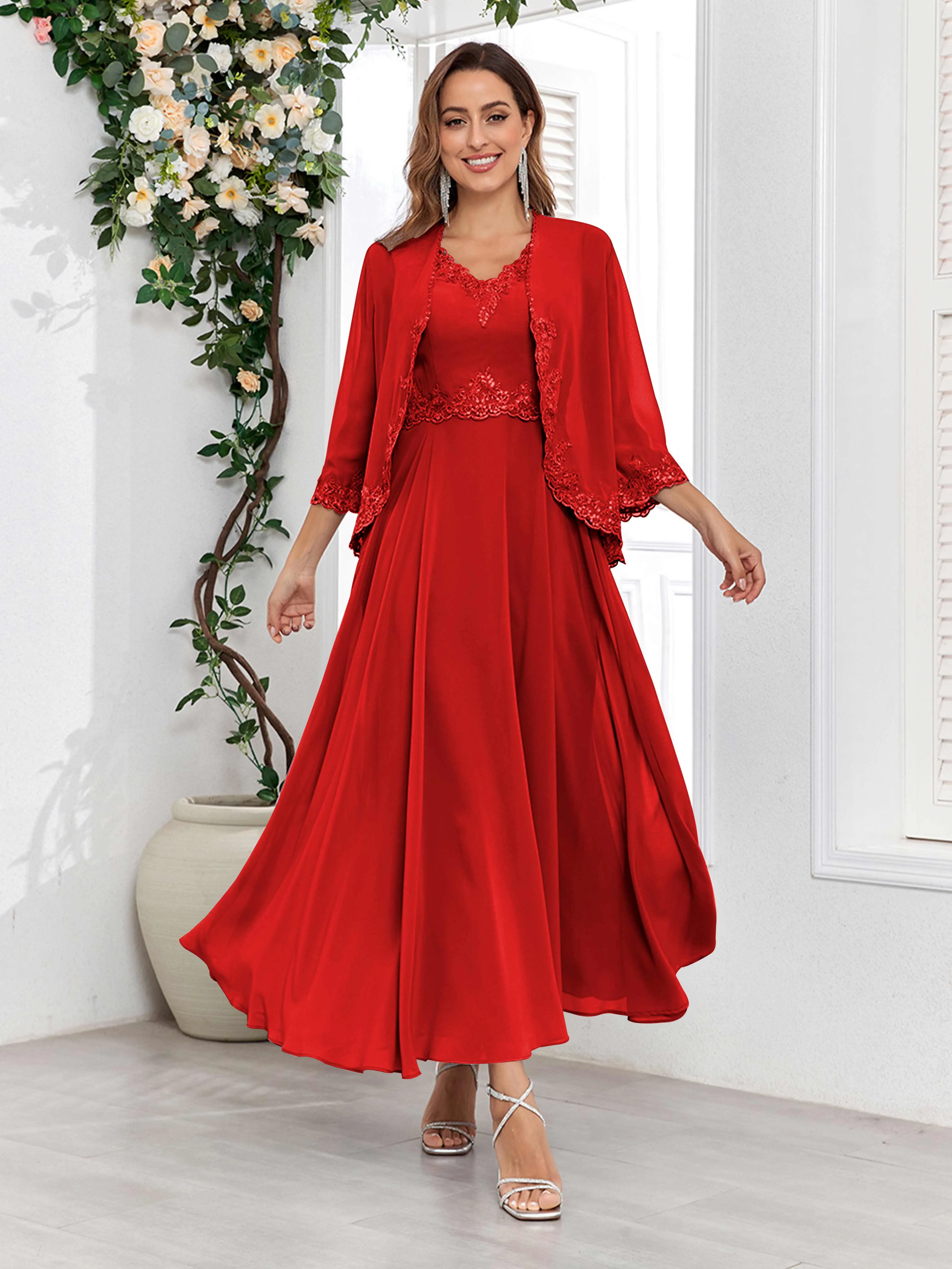 Aisha Enchanting V Neck Two Pieces Appliques Maxi Chiffon Mother Of The Bride Dresses