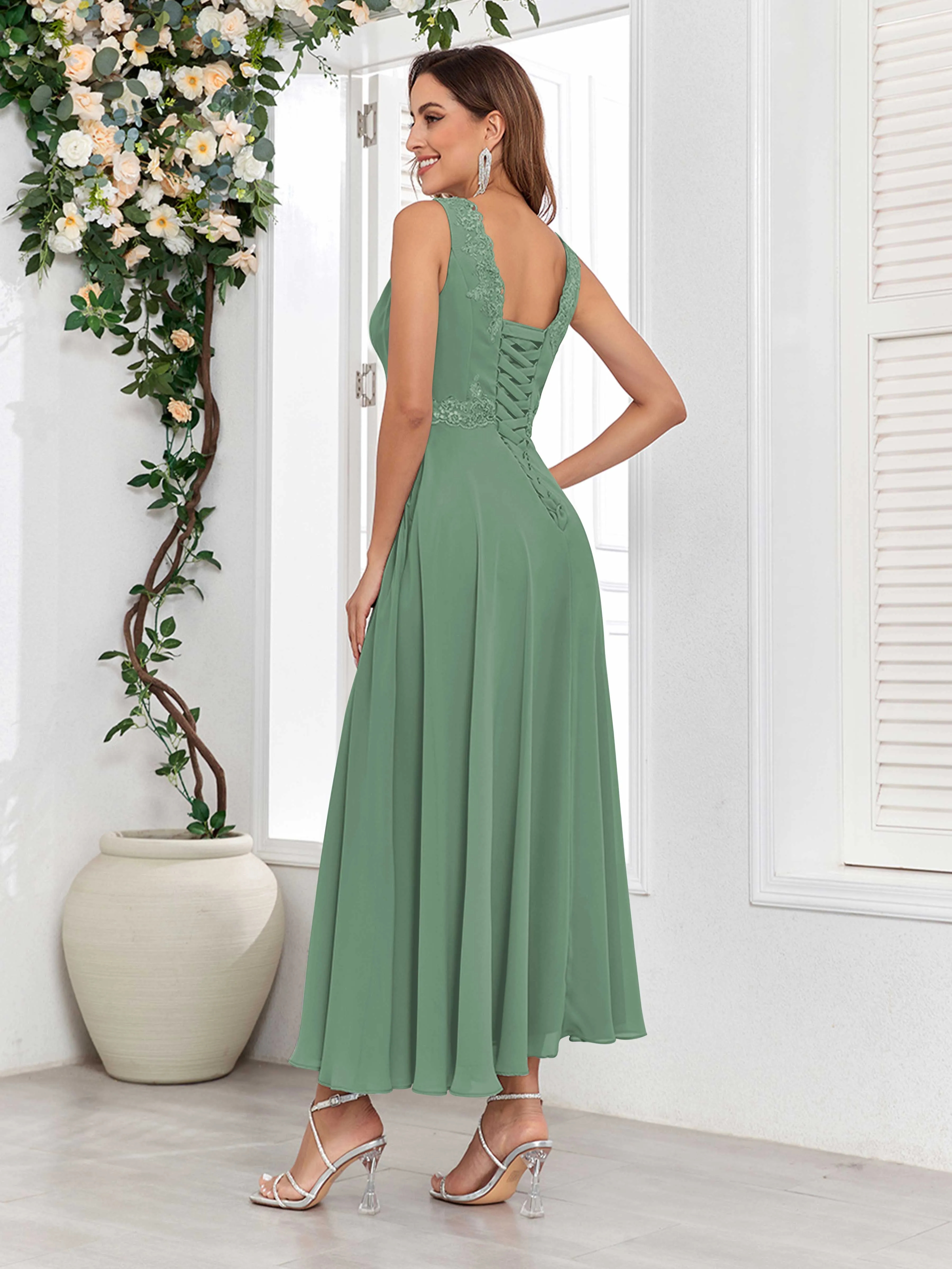 Aisha Enchanting V Neck Two Pieces Appliques Maxi Chiffon Mother Of The Bride Dresses