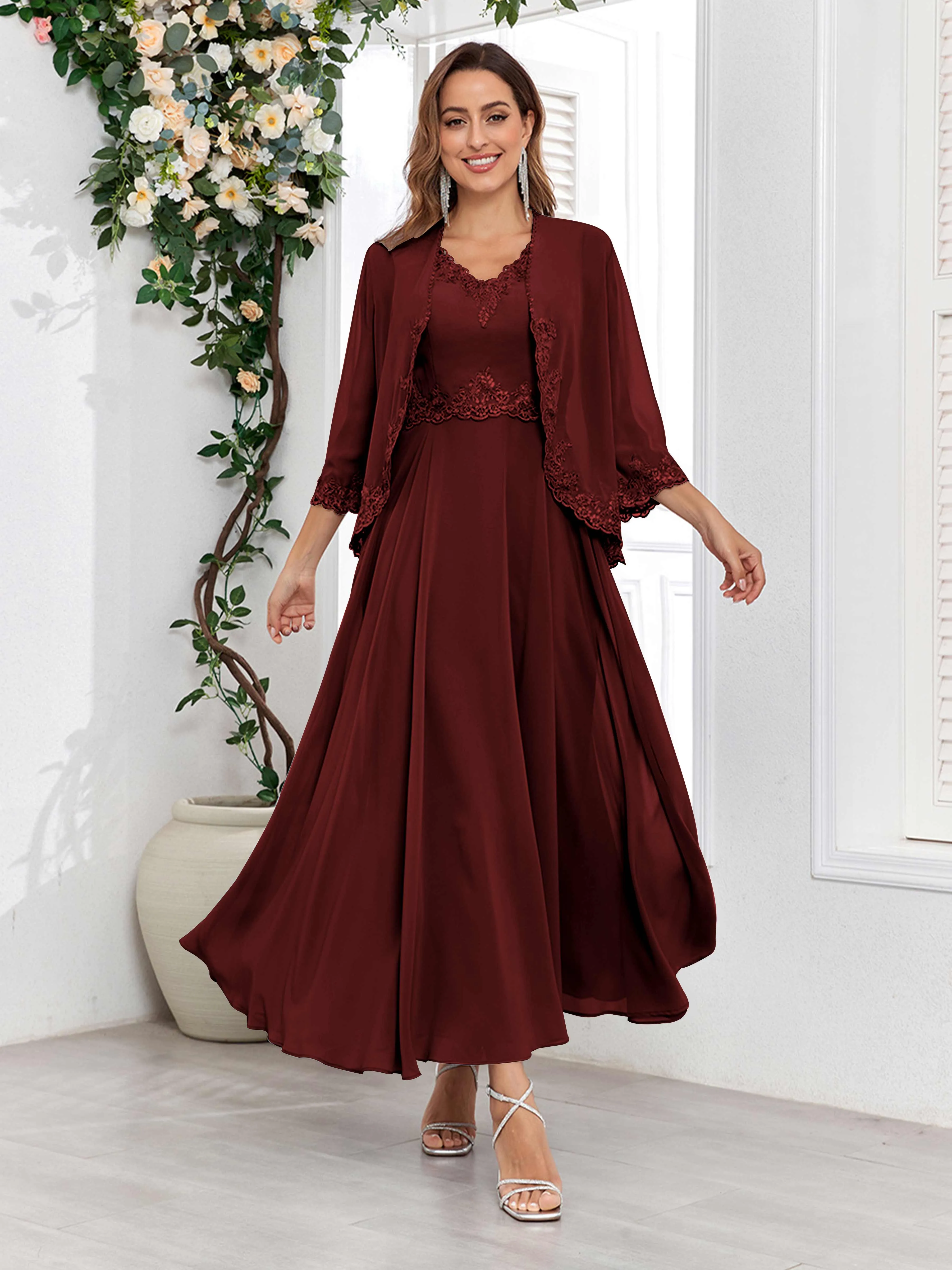 Aisha Enchanting V Neck Two Pieces Appliques Maxi Chiffon Mother Of The Bride Dresses