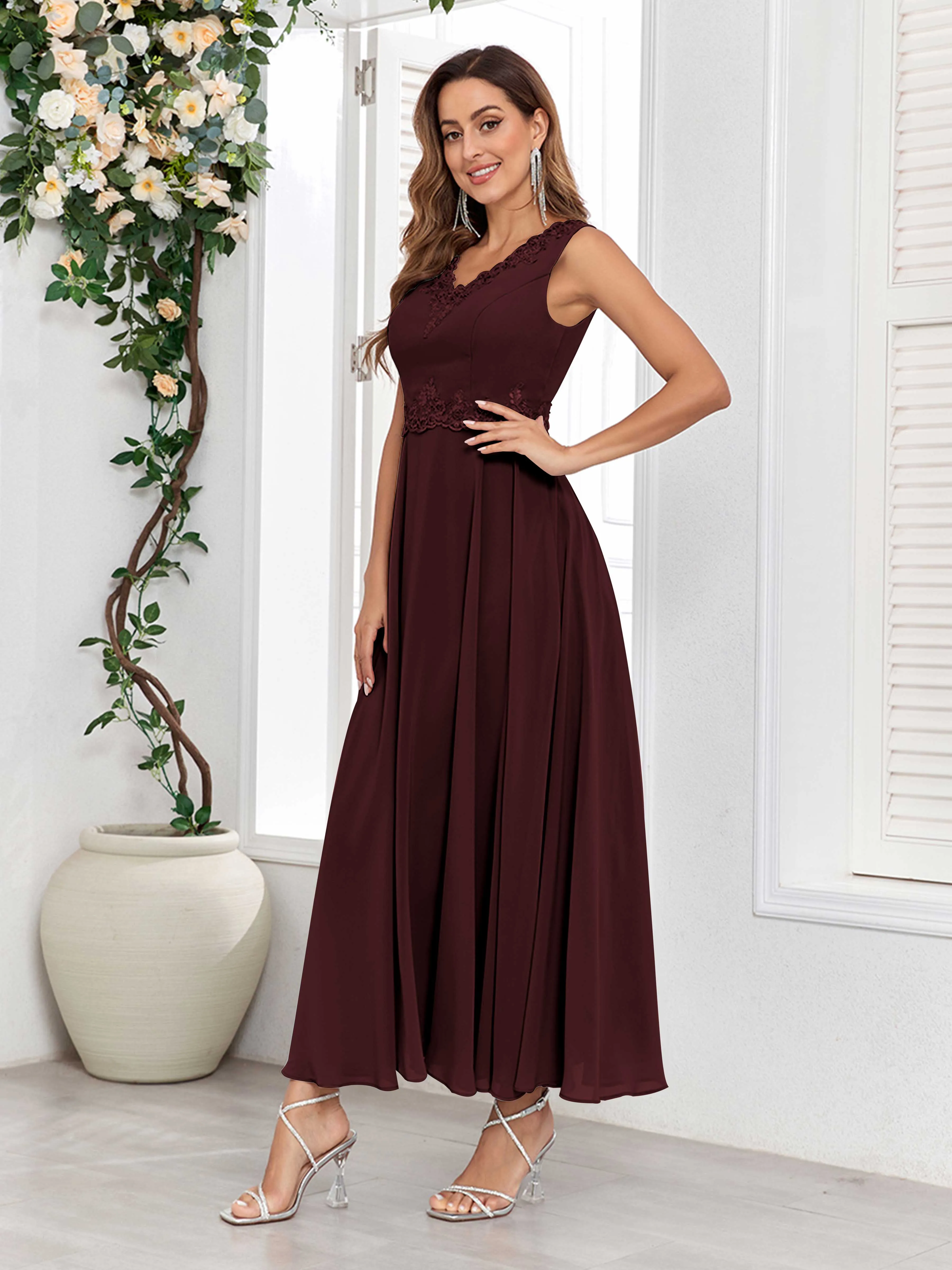 Aisha Enchanting V Neck Two Pieces Appliques Maxi Chiffon Mother Of The Bride Dresses