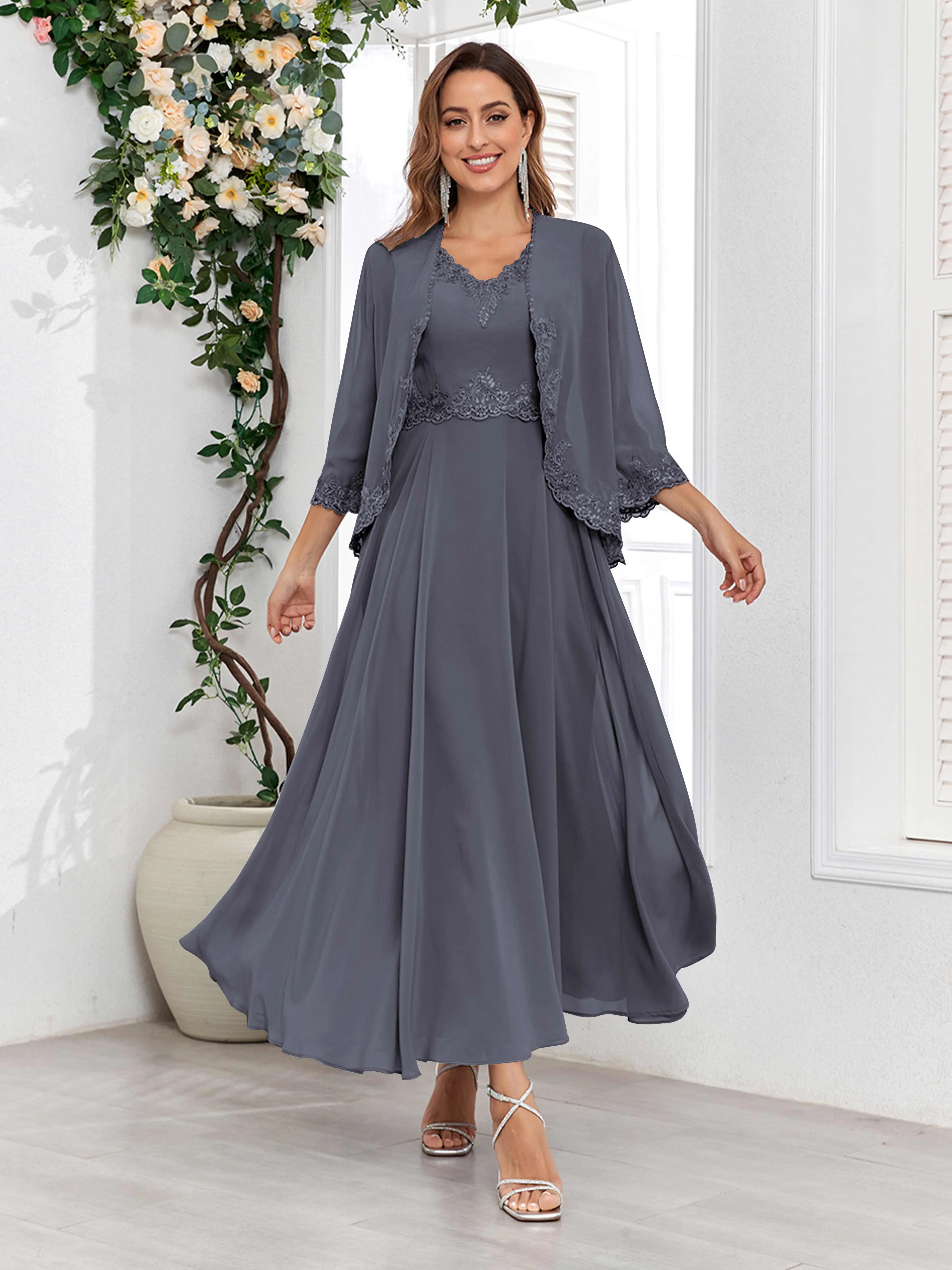 Aisha Enchanting V Neck Two Pieces Appliques Maxi Chiffon Mother Of The Bride Dresses