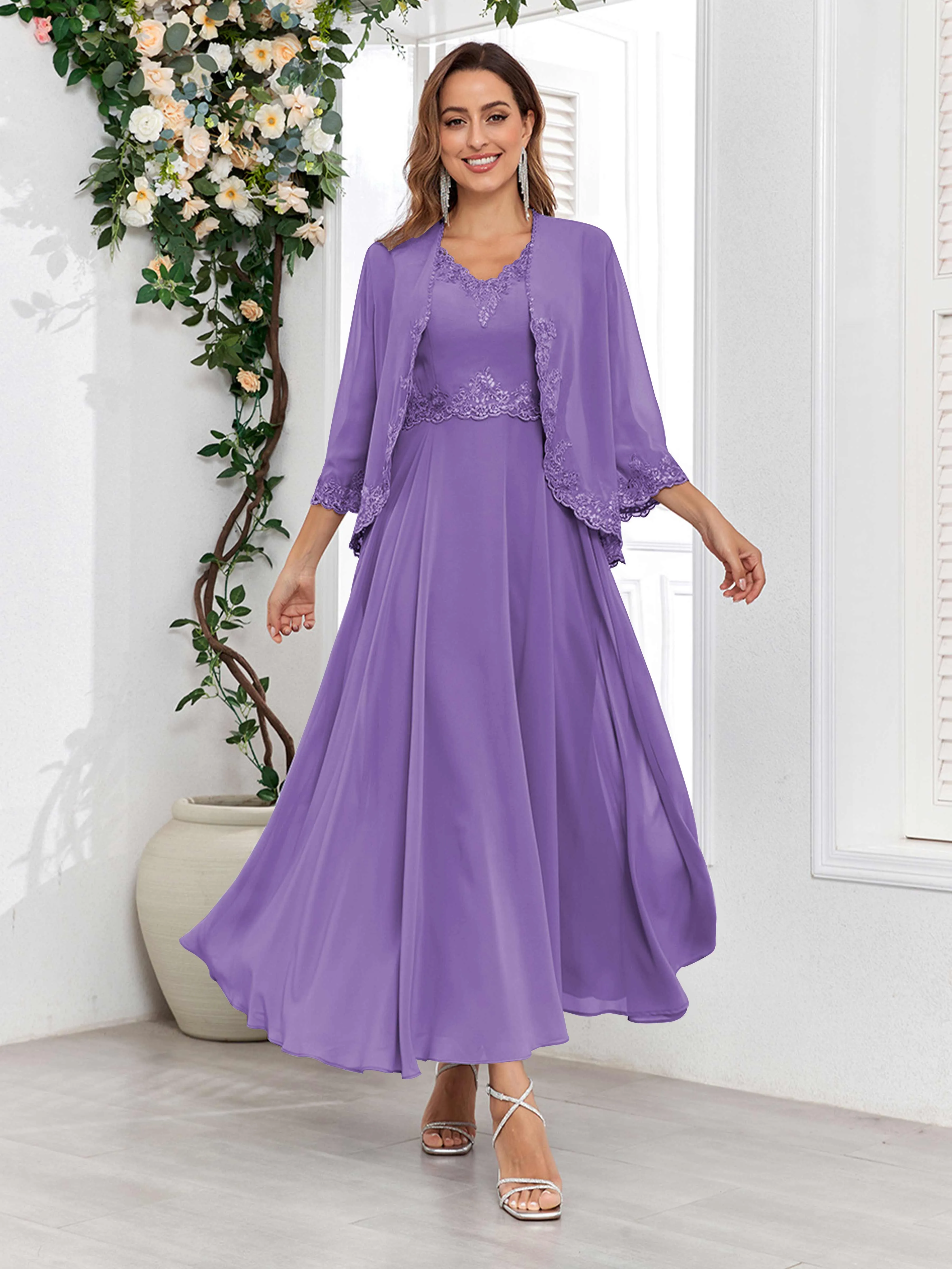 Aisha Enchanting V Neck Two Pieces Appliques Maxi Chiffon Mother Of The Bride Dresses