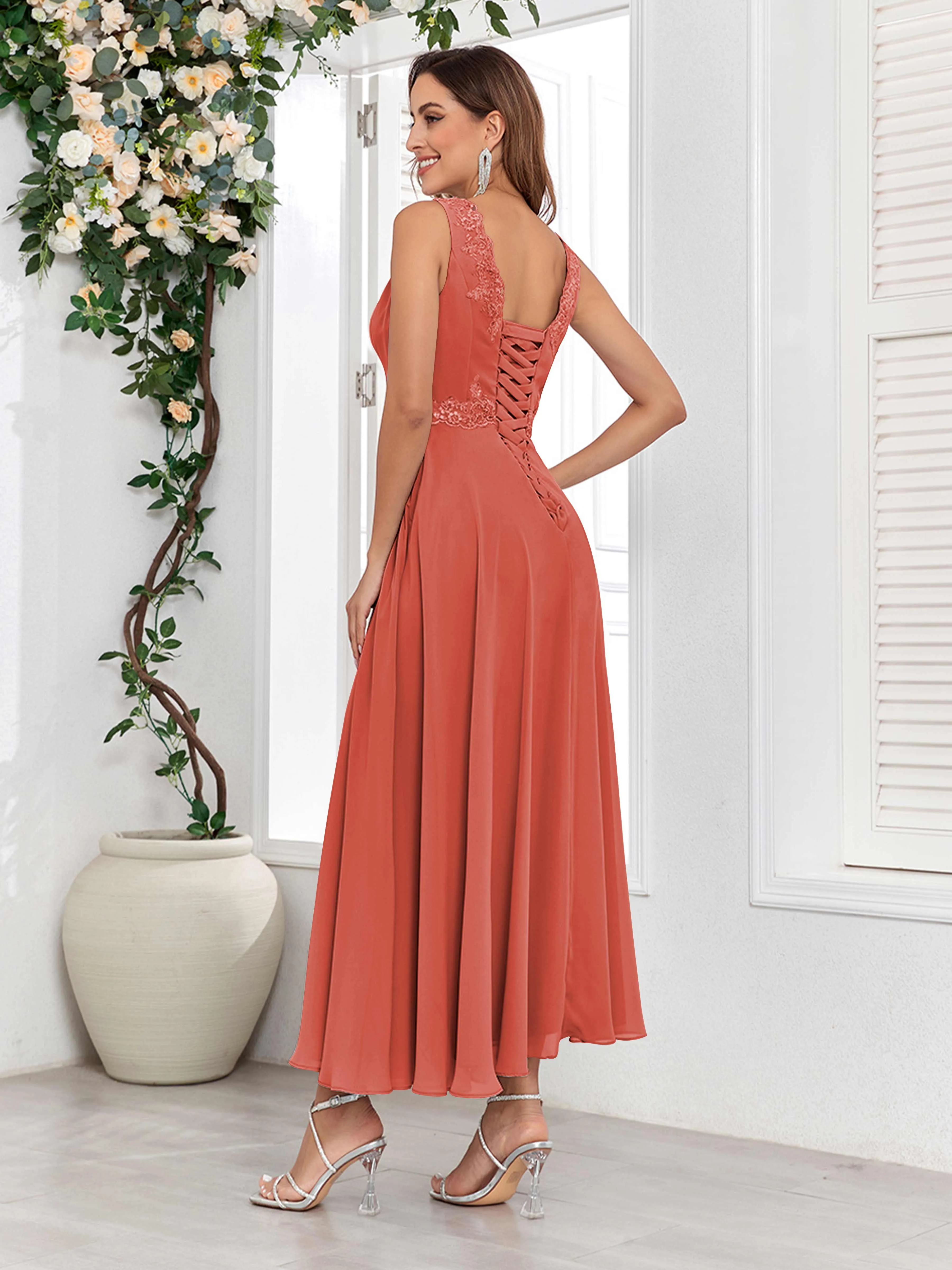 Aisha Enchanting V Neck Two Pieces Appliques Maxi Chiffon Mother Of The Bride Dresses