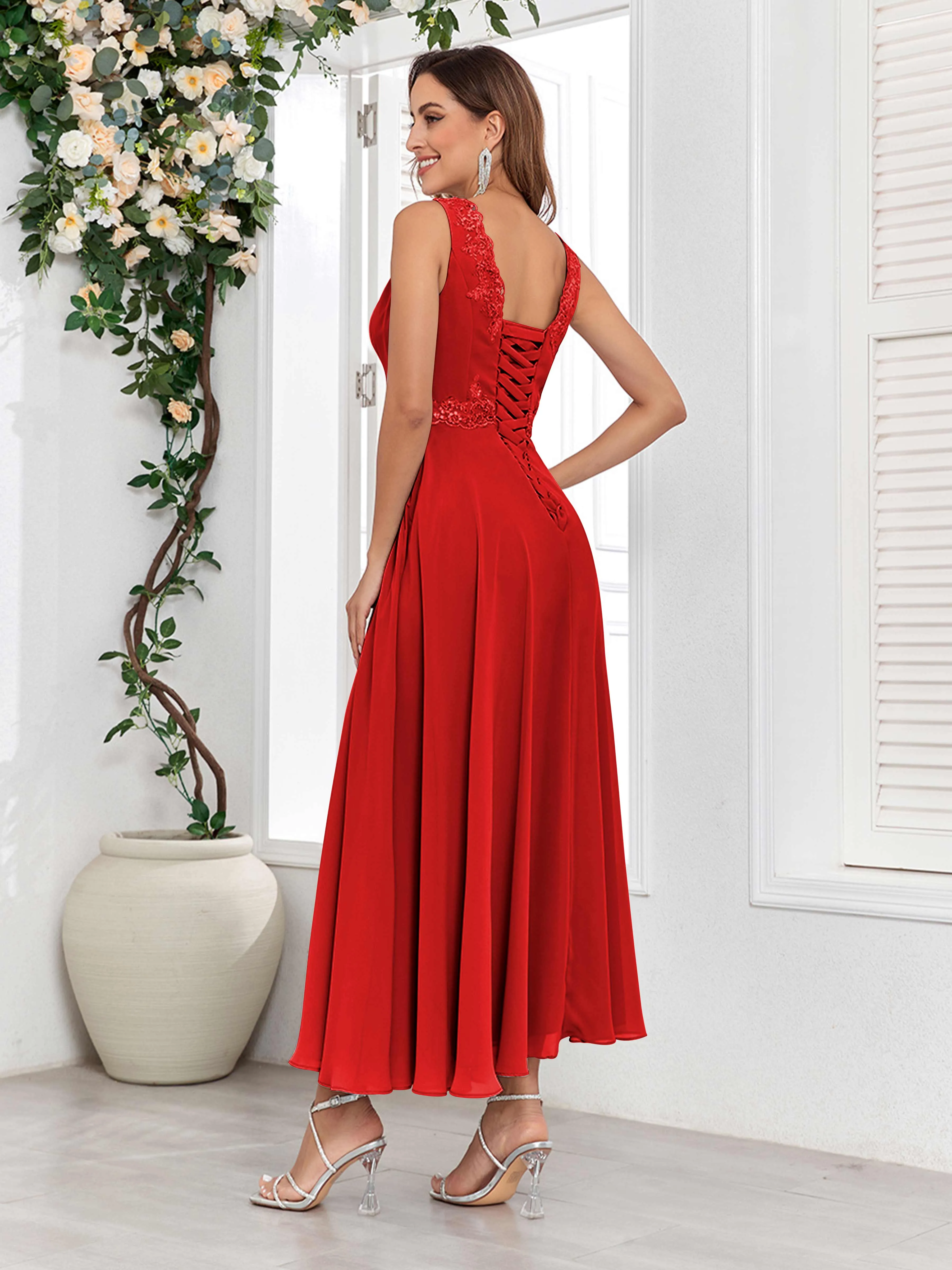 Aisha Enchanting V Neck Two Pieces Appliques Maxi Chiffon Mother Of The Bride Dresses