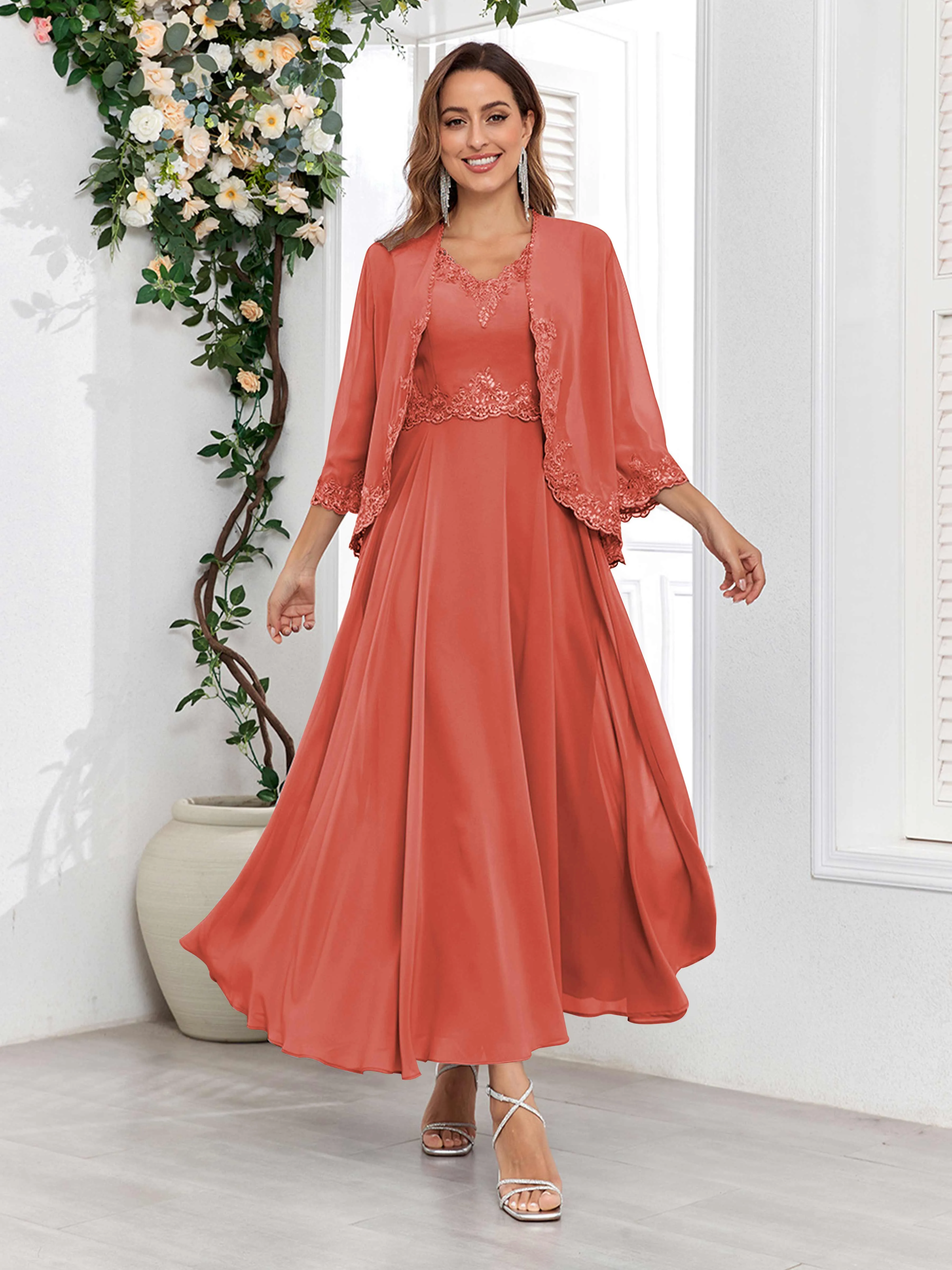Aisha Enchanting V Neck Two Pieces Appliques Maxi Chiffon Mother Of The Bride Dresses