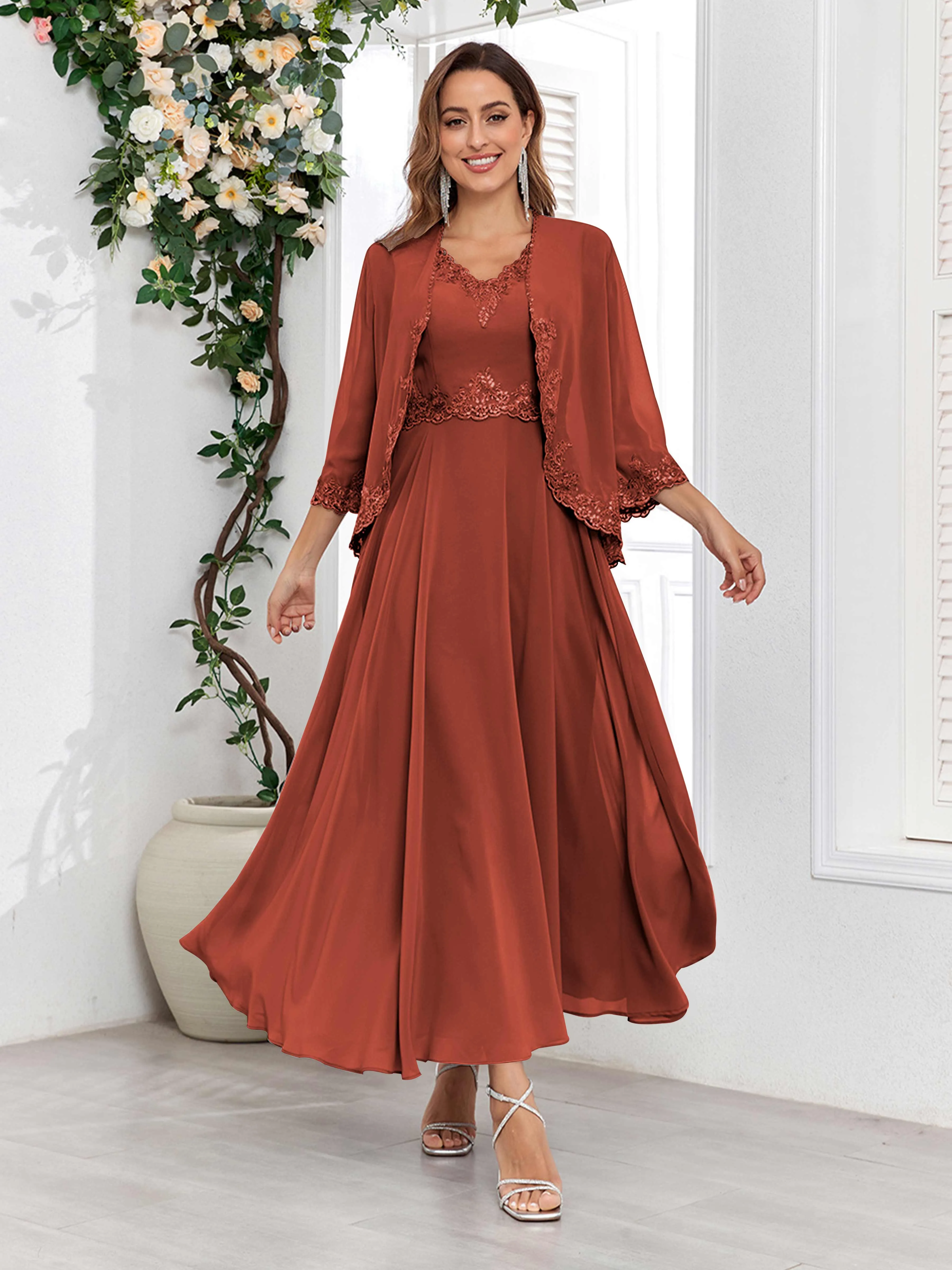Aisha Enchanting V Neck Two Pieces Appliques Maxi Chiffon Mother Of The Bride Dresses
