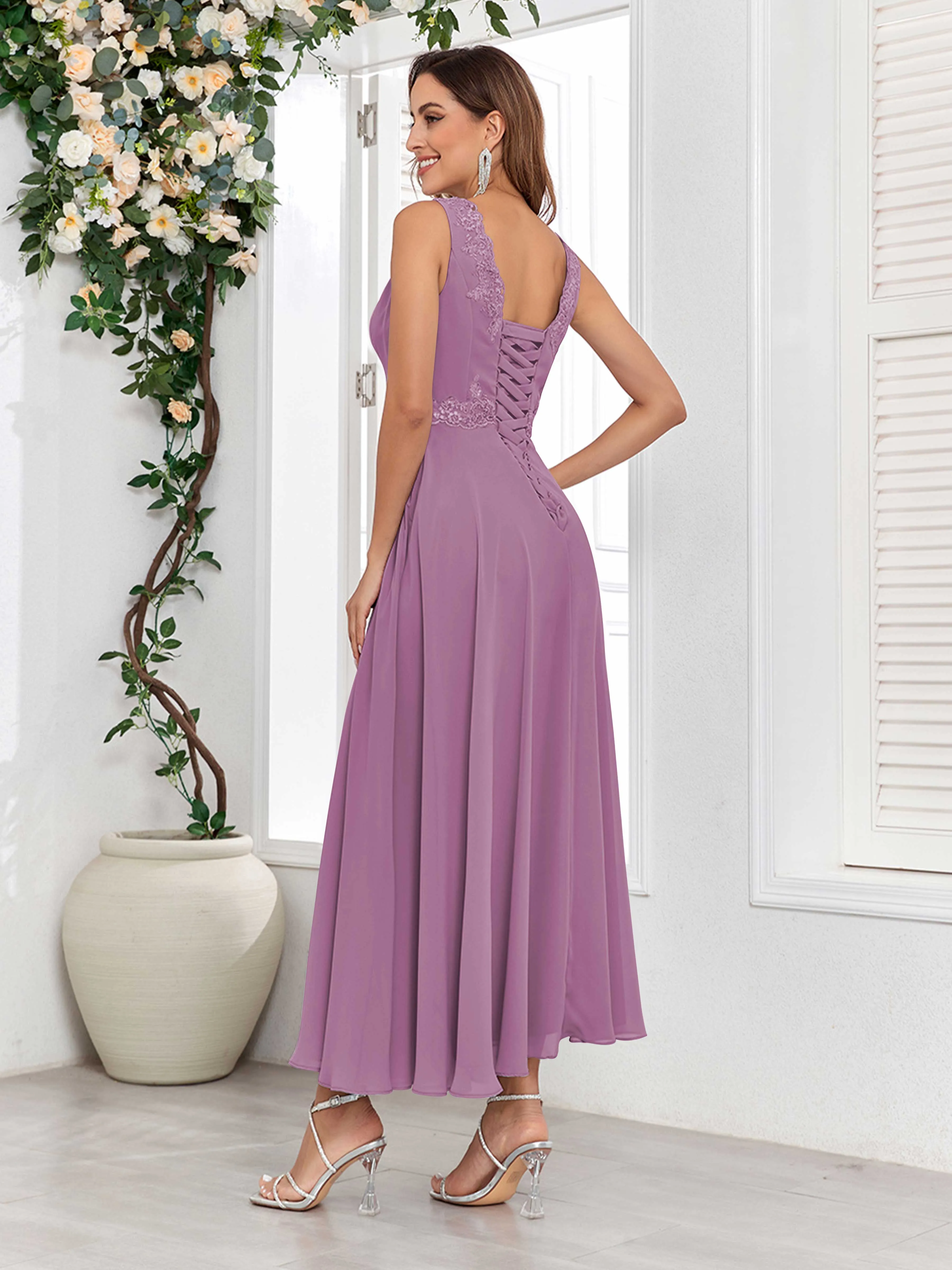 Aisha Enchanting V Neck Two Pieces Appliques Maxi Chiffon Mother Of The Bride Dresses