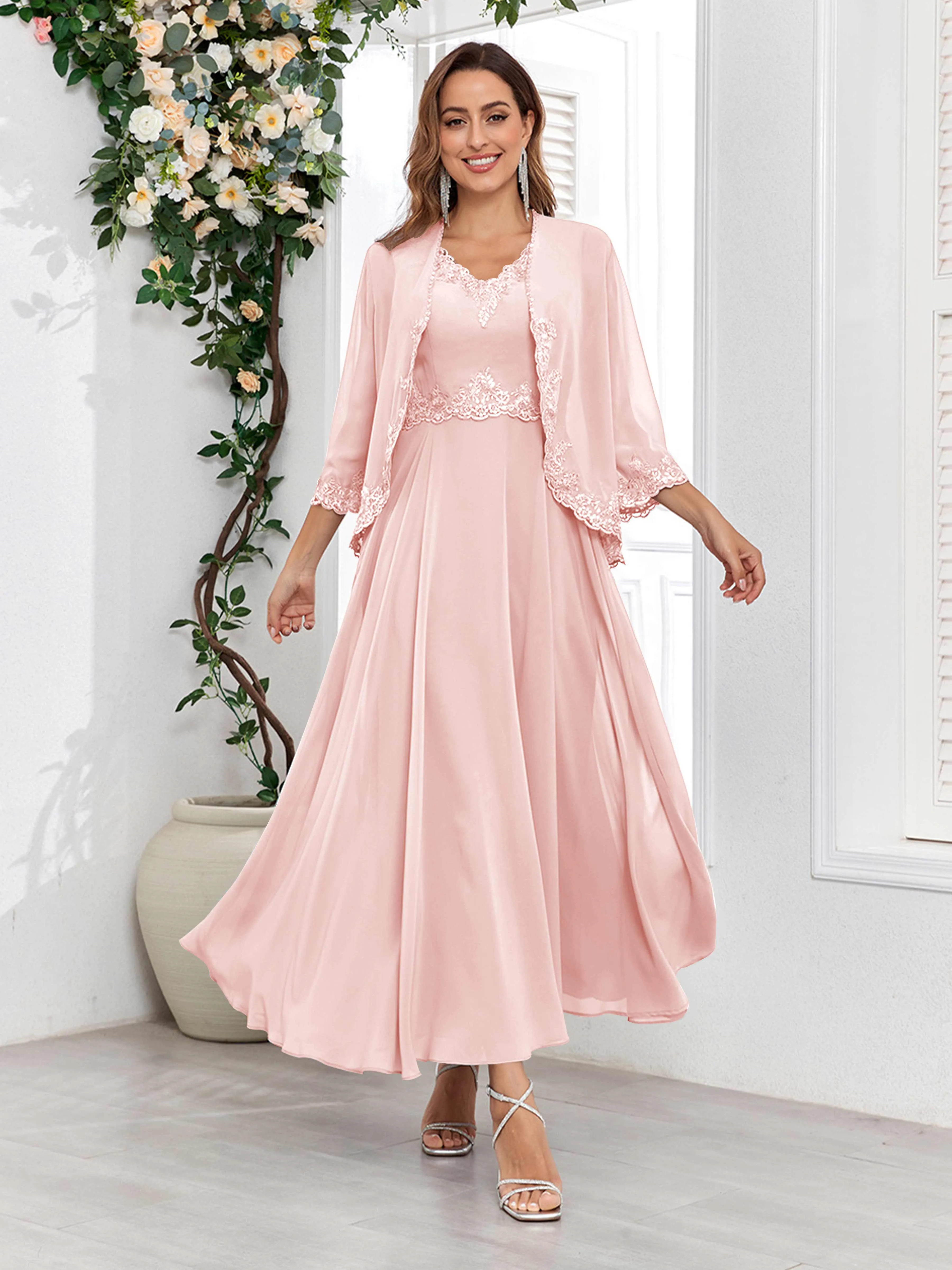 Aisha Enchanting V Neck Two Pieces Appliques Maxi Chiffon Mother Of The Bride Dresses